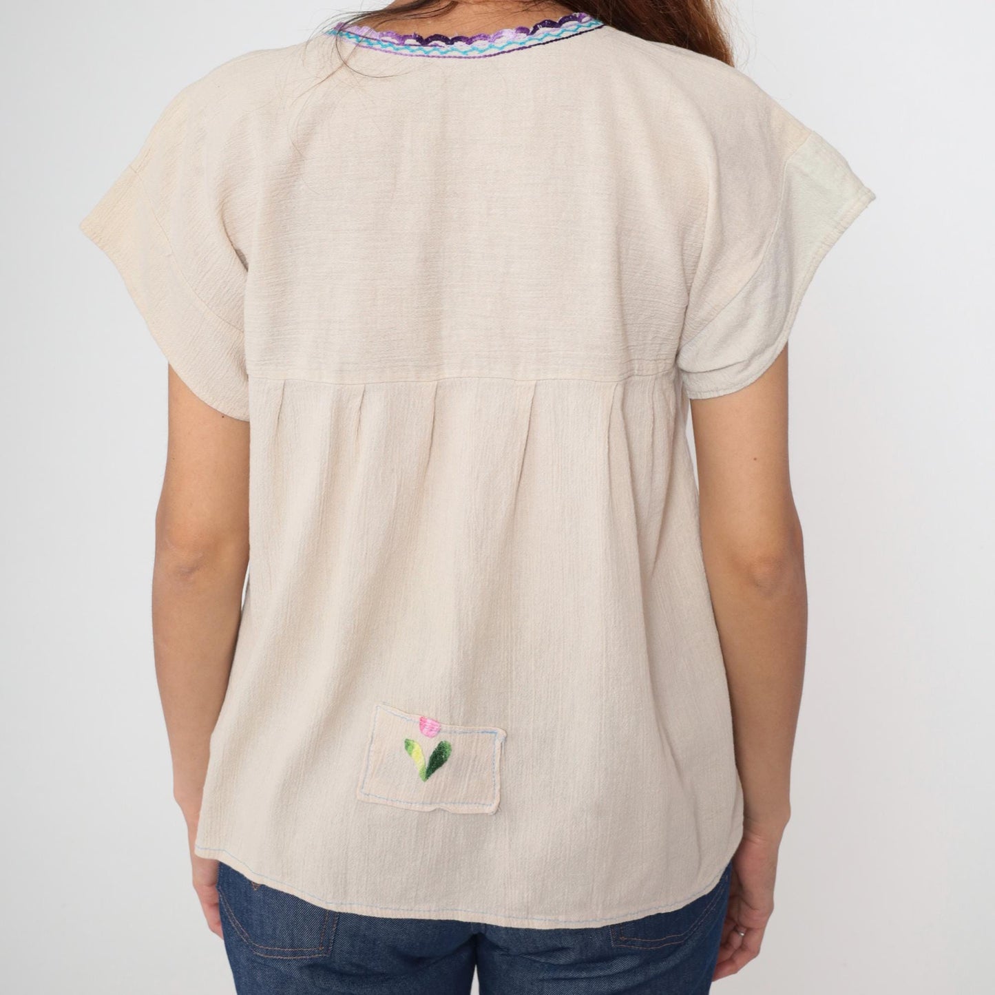 Y2K Mexican Embroidered Floral Cream Cotton Tunic Blouse Cap Sleeve Medium