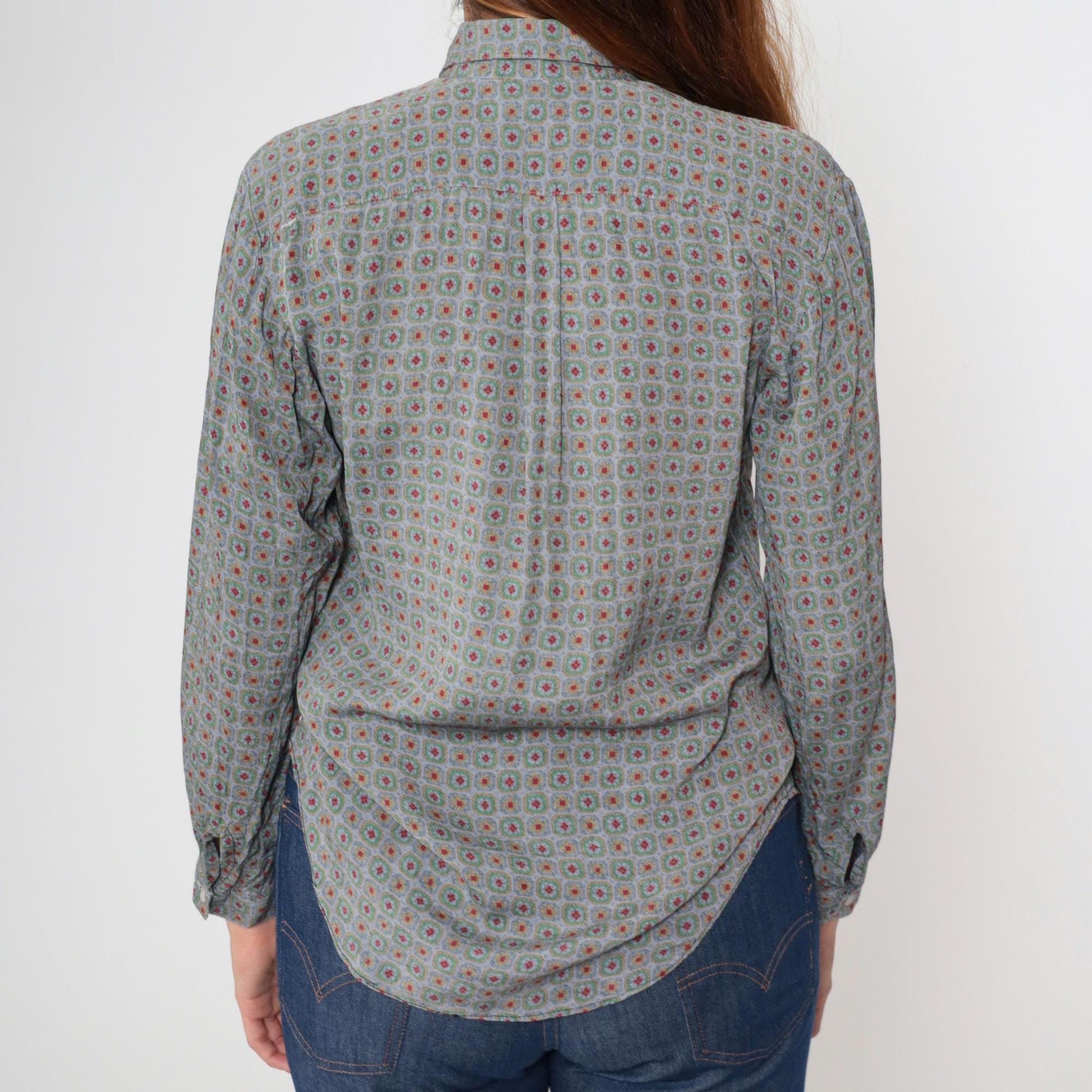 90s Geometric Floral Button Up Blouse Sage Green Red Print Medium