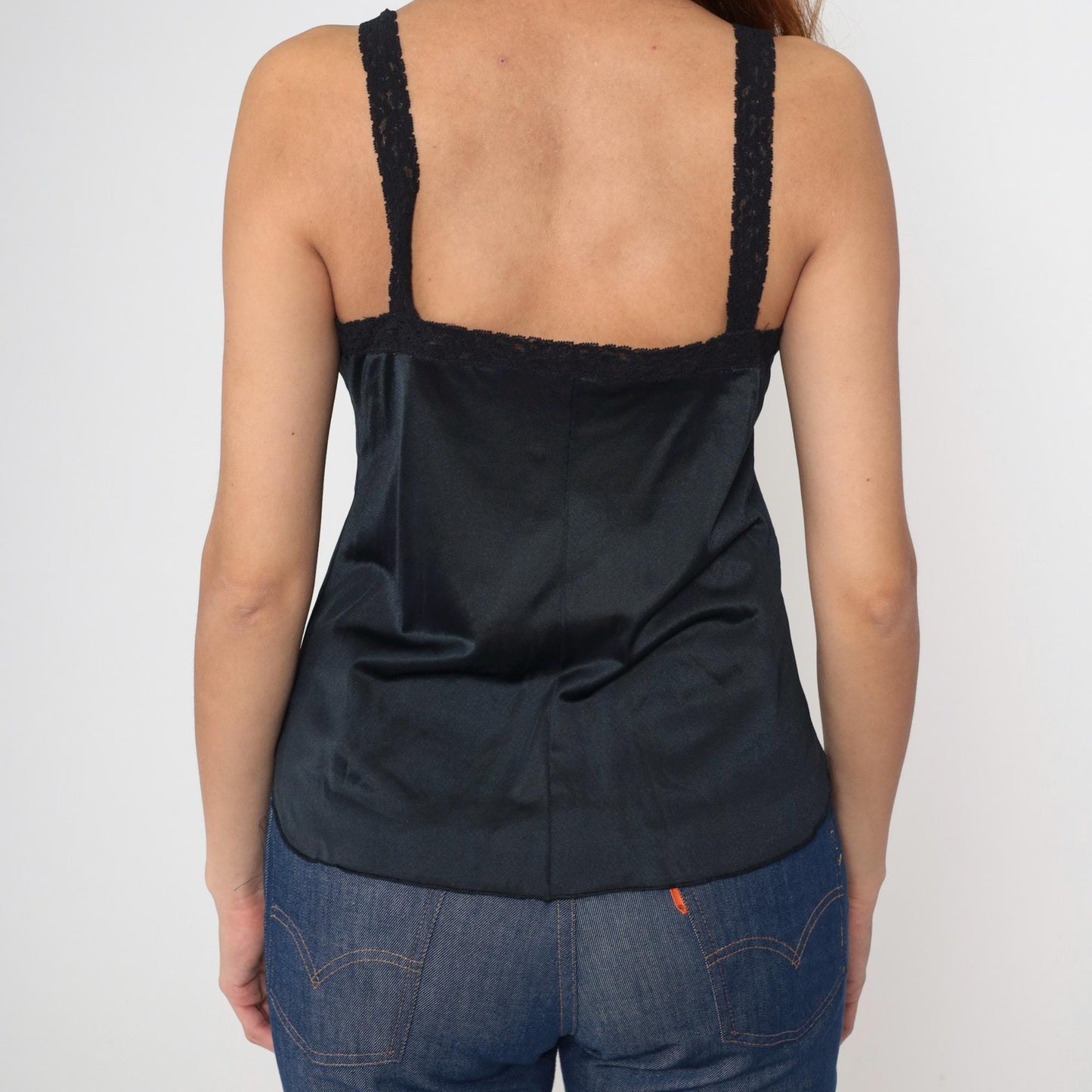 80s Black Lace Camisole Tank Top Nylon V-Neck Lingerie Cami Large L