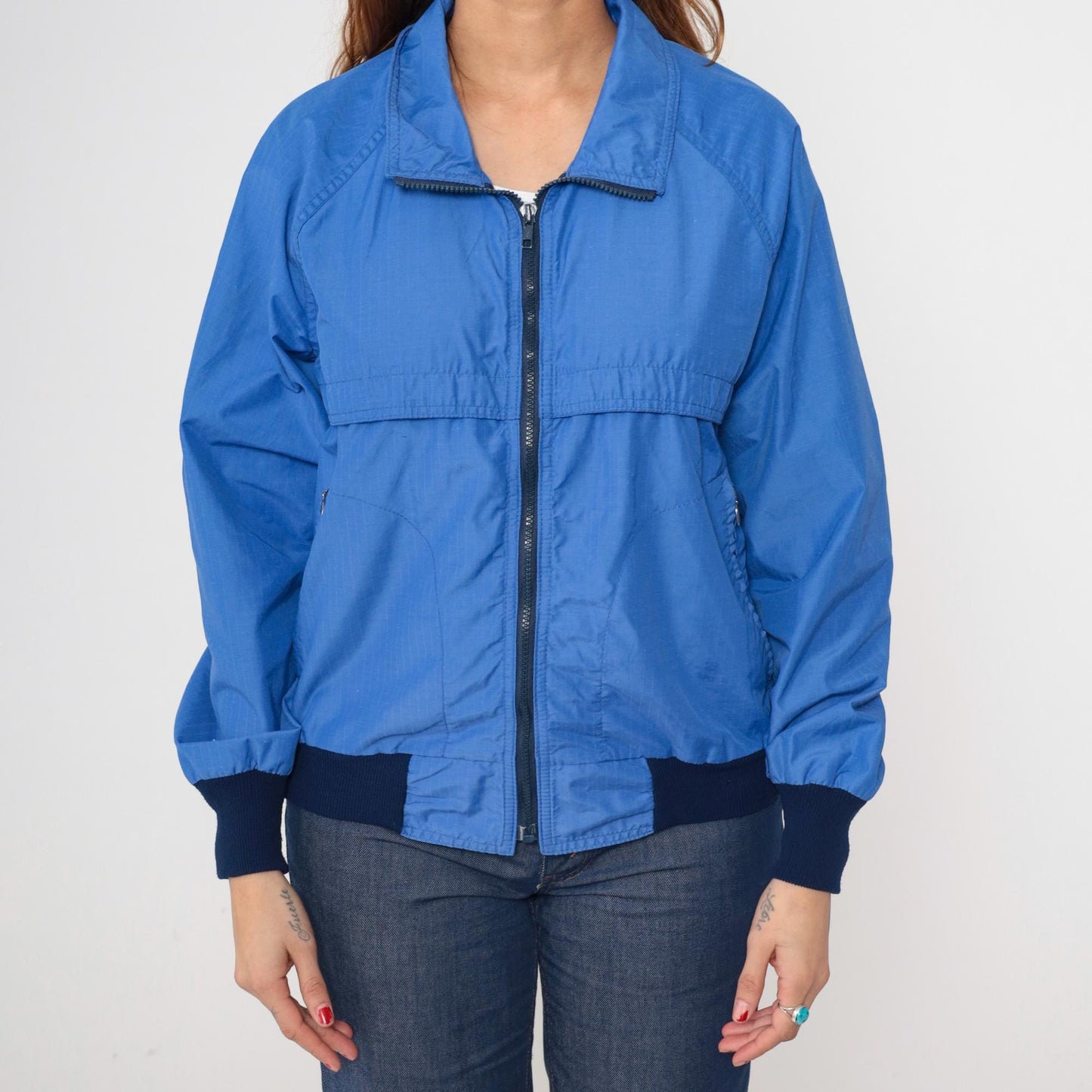 80s Royal Blue Windbreaker Jacket Raglan Sleeve Zip Up Medium M