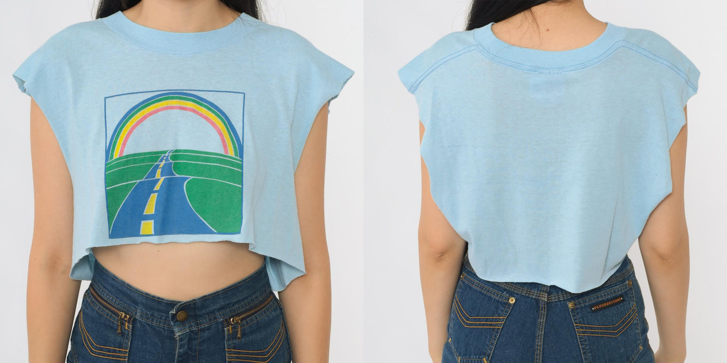 90s Oneita Rainbow Road Crop Top Blue Graphic Sleeveless Tee Large L