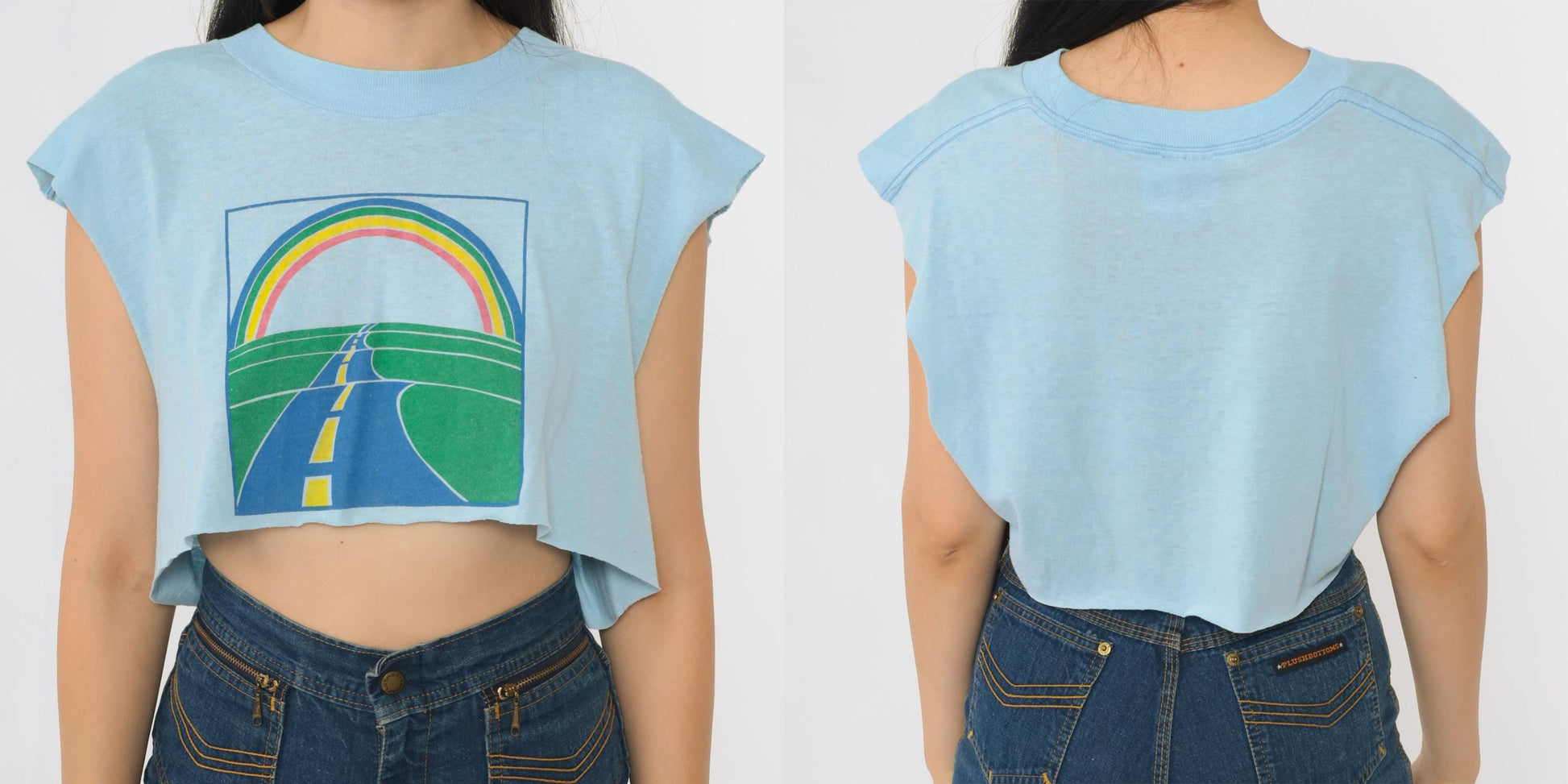90s Oneita Rainbow Road Crop Top Blue Graphic Sleeveless Tee Large L