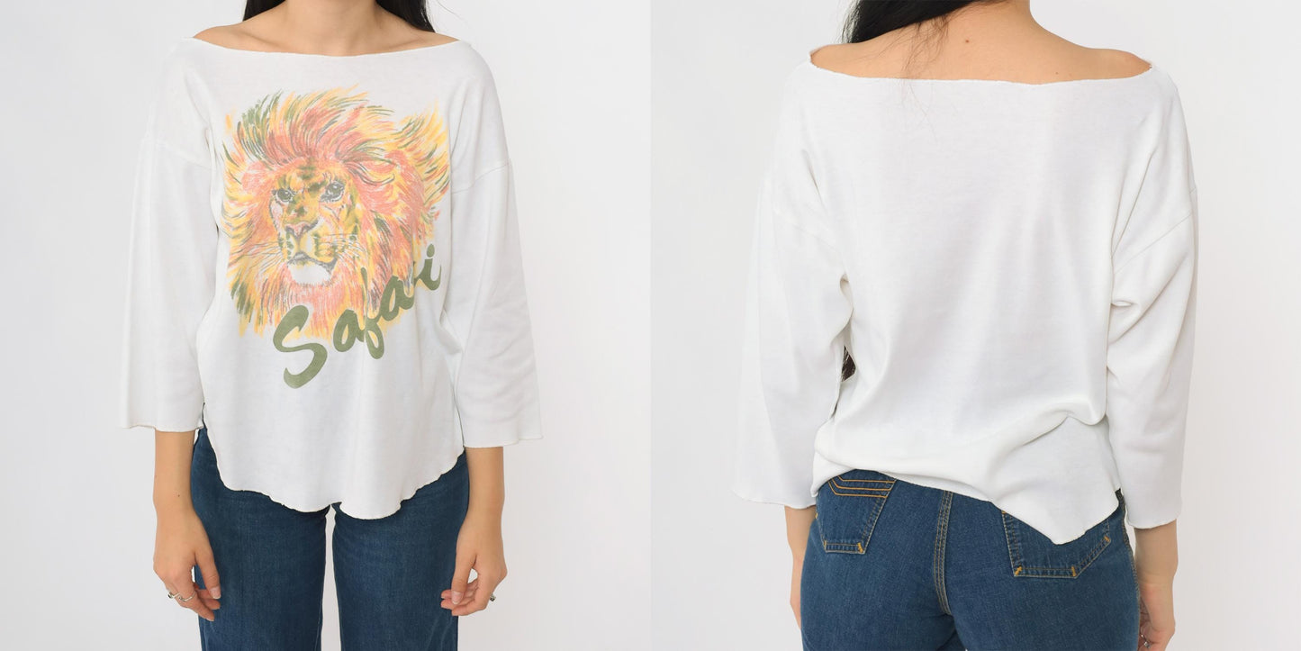 80s Lion Safari Graphic Cotton Pullover Crew Neck Tee Large L