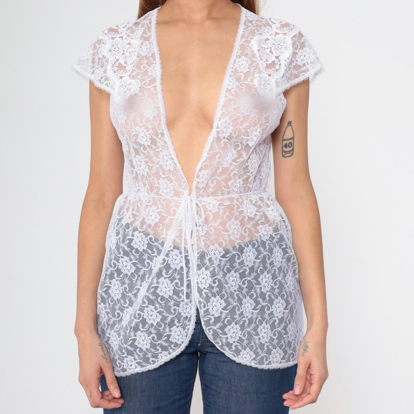 90s Karessa White Lace Blouse Floral Tie Front Cap Sleeve Small S