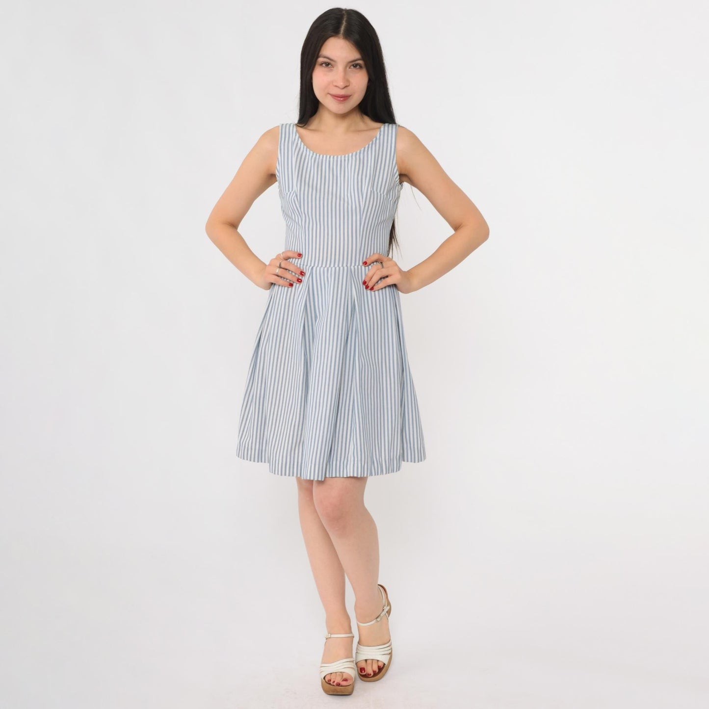 60s Blue White Striped Seersucker Sundress Sleeveless A-Line Scoop Neck Extra Small