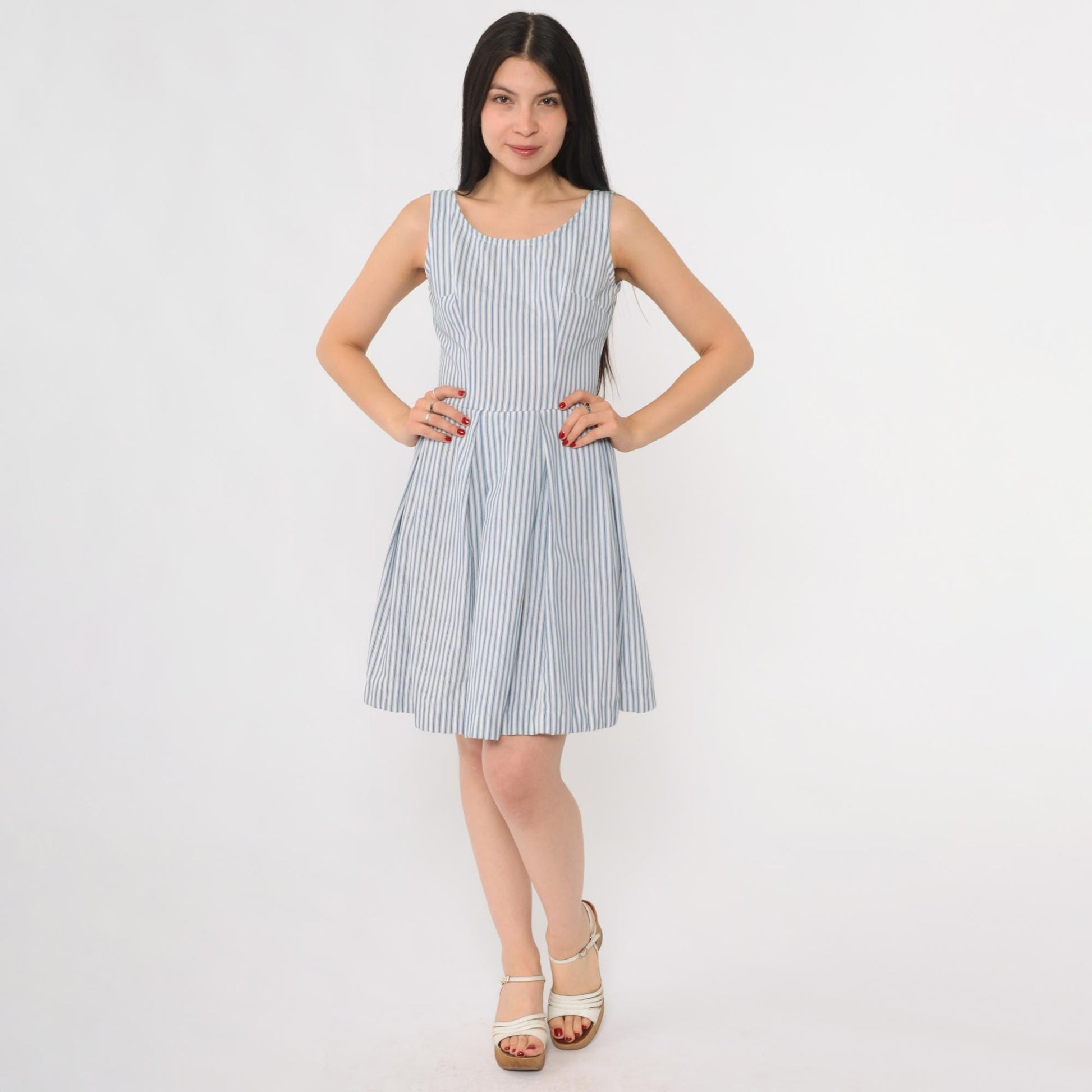 60s Blue White Striped Seersucker Sundress Sleeveless A-Line Scoop Neck Extra Small