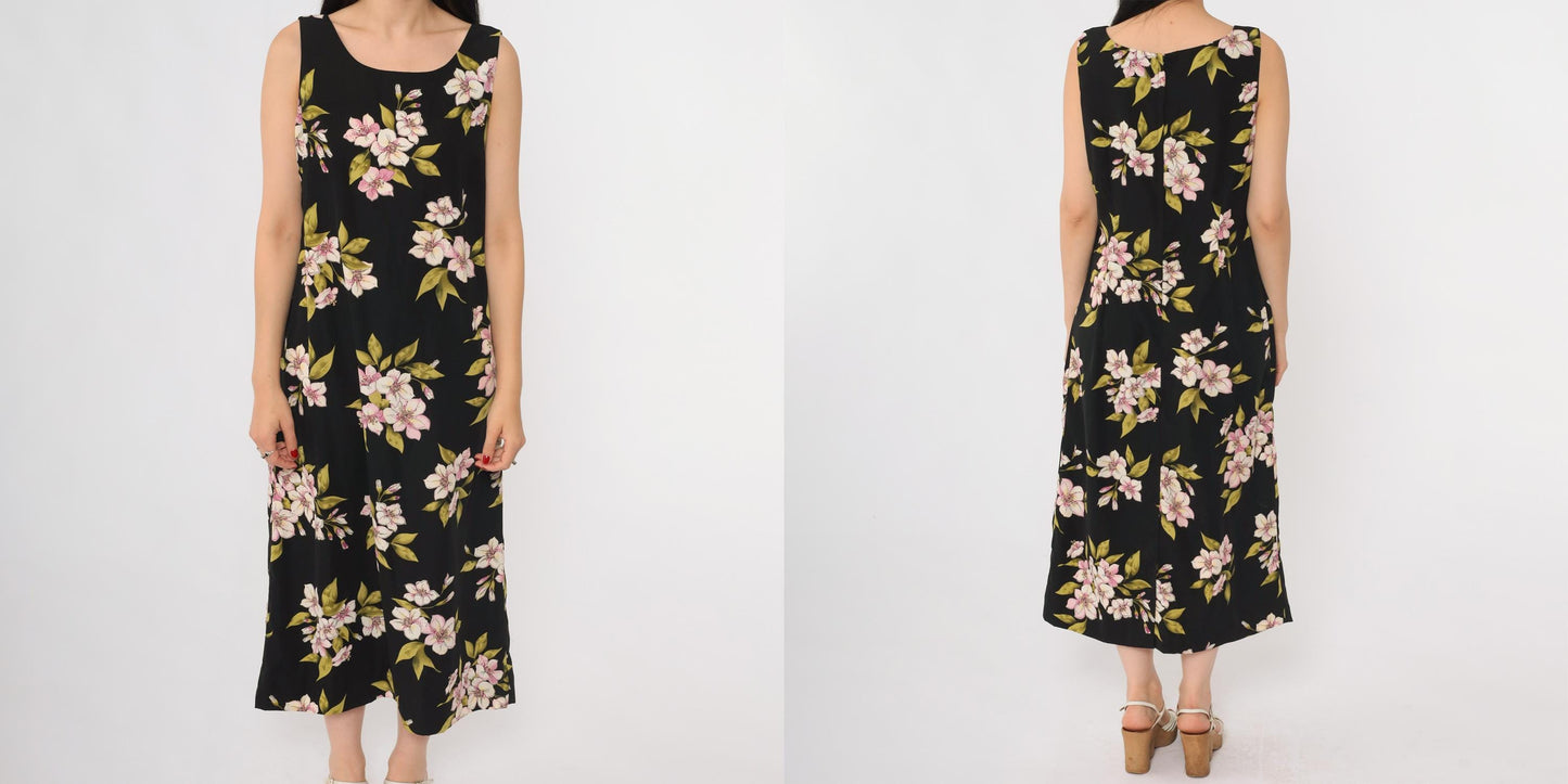 90s Studio 1 Petite Black Floral Midi Dress Lily Print Sleeveless Size 8P