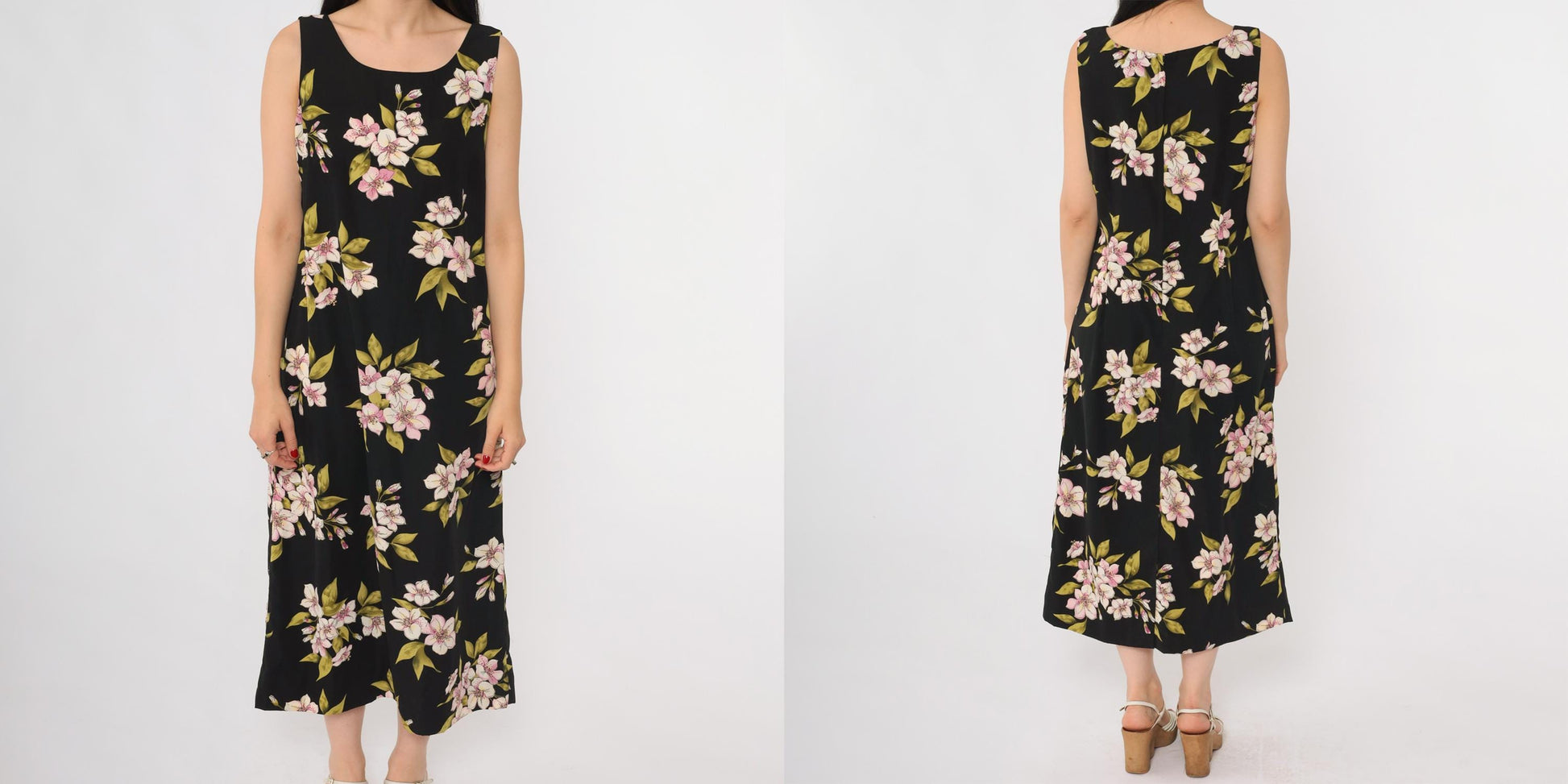 90s Studio 1 Petite Black Floral Midi Dress Lily Print Sleeveless Size 8P