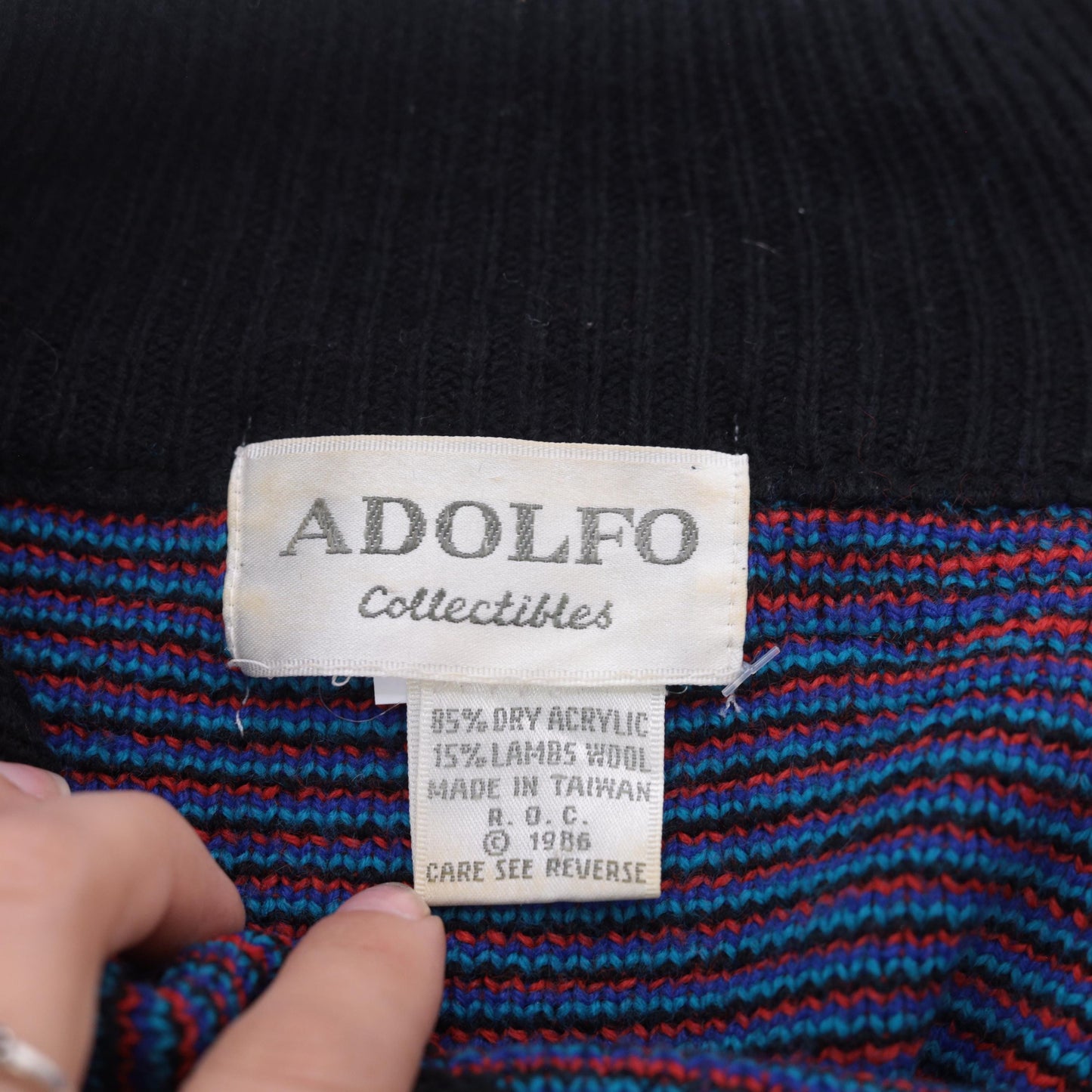 80s Adolfo Collectibles Floral Knit Sweater High Neck Black Red Blue Teal Medium M