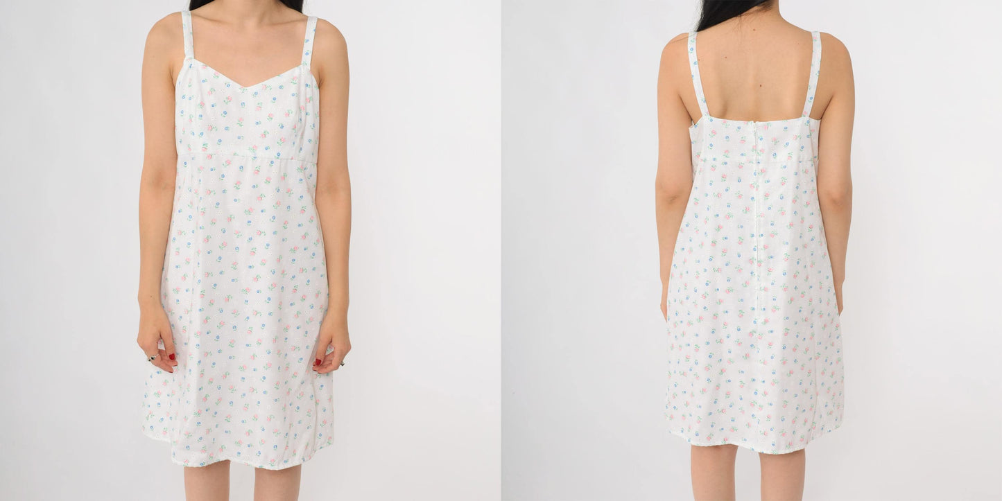 80s Floral Sundress White Pink Blue Cotton Sweetheart Neckline Small