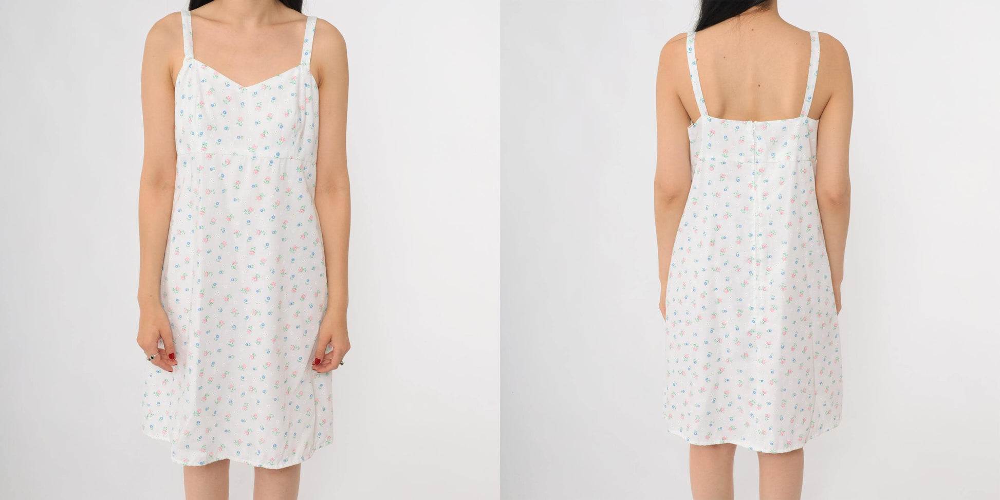 80s Floral Sundress White Pink Blue Cotton Sweetheart Neckline Small