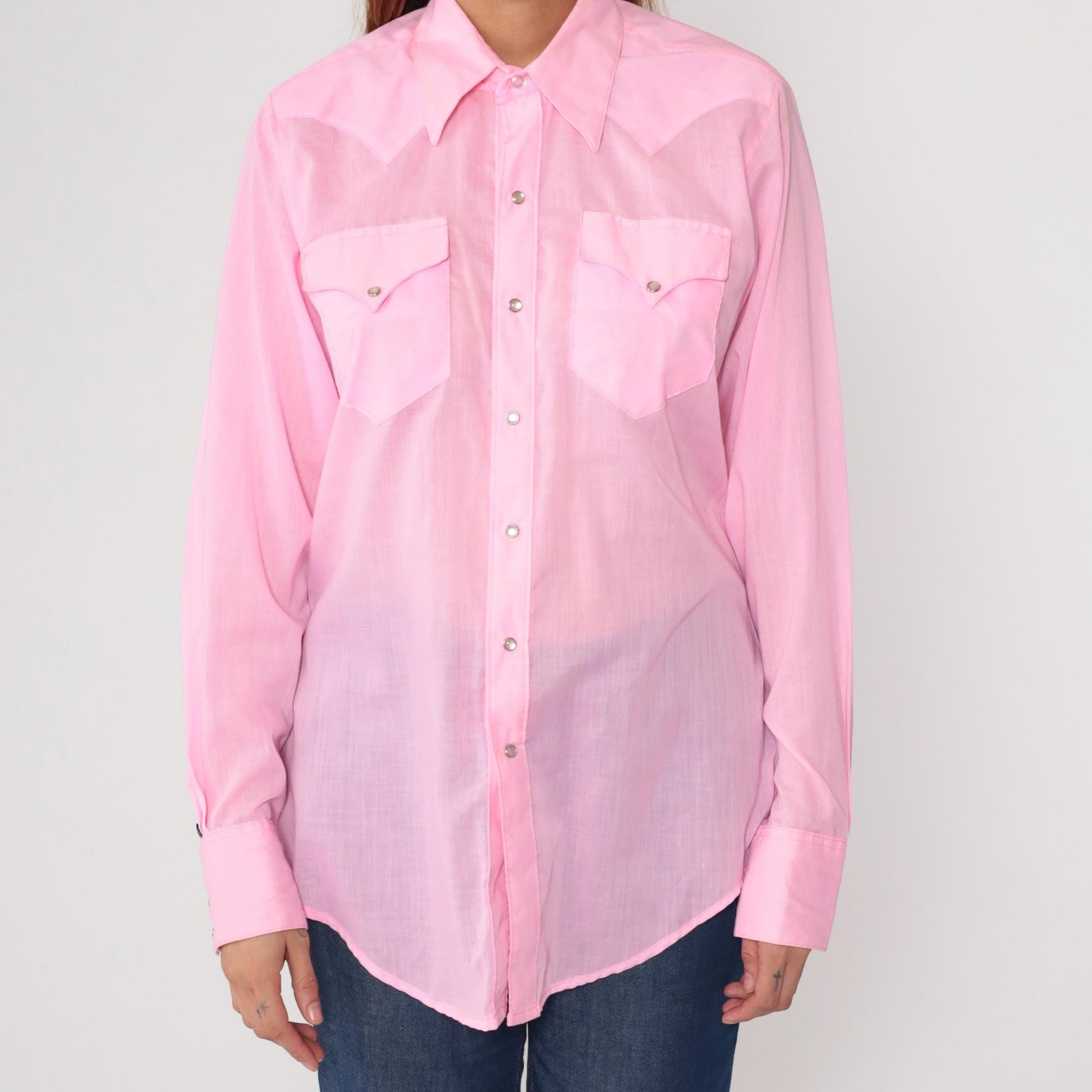 70s Rockmount Ranch Wear Pearl Snap Western Shirt Baby Pink Dagger Collar Medium