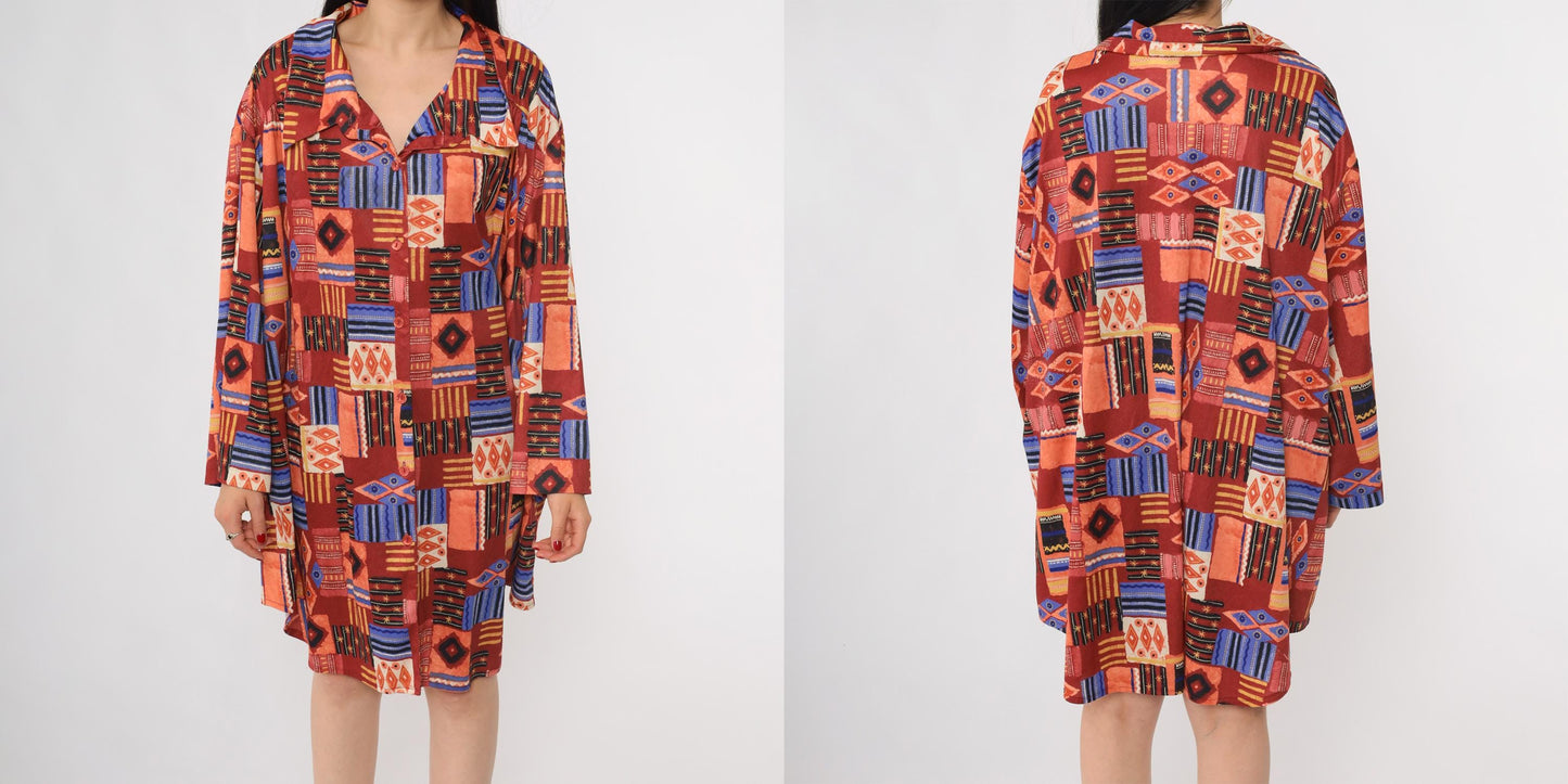 90s Sue Brett Tribal Print Mini Shirt Dress Button Front Long Sleeve Plus Size XXL