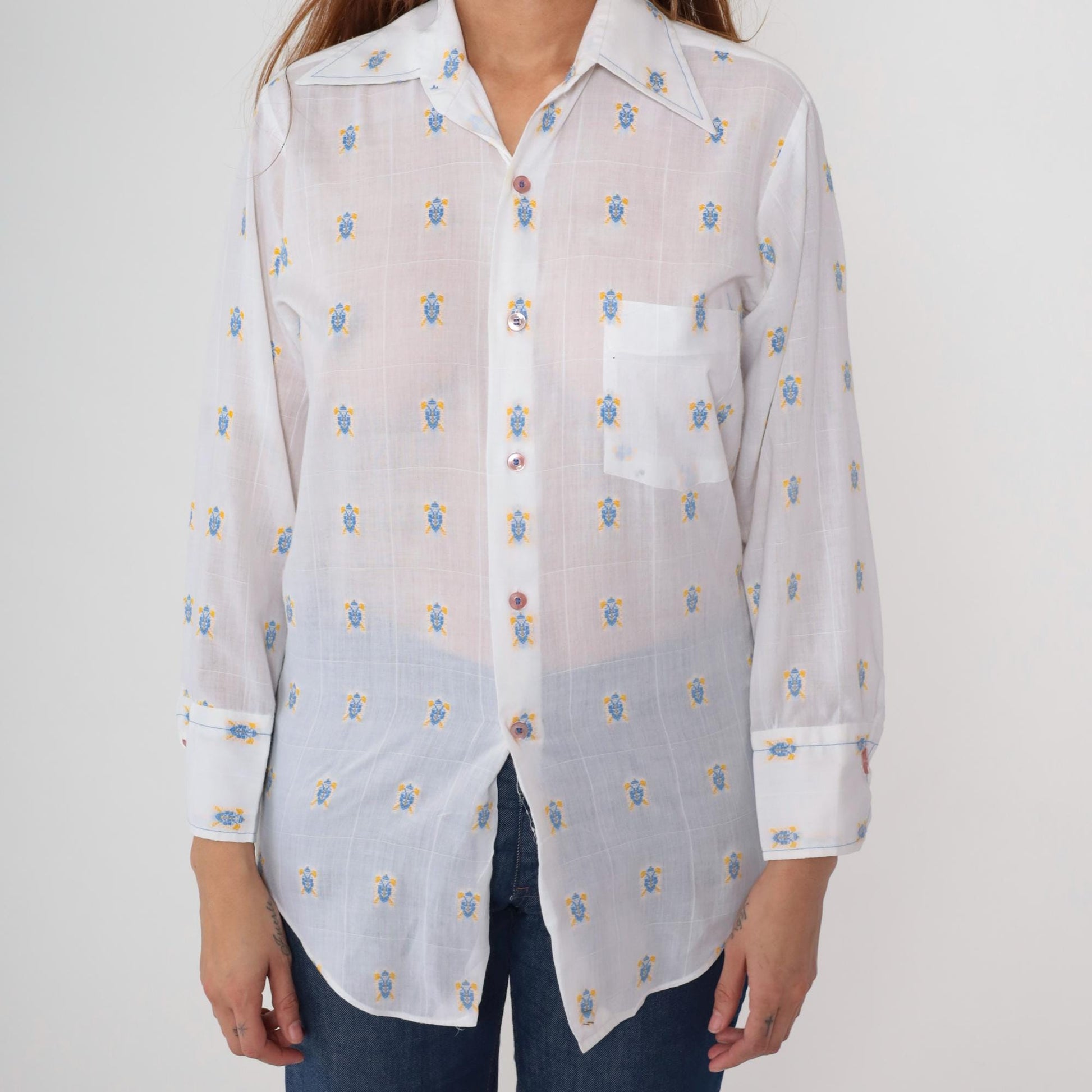 70s Lancer of California Turtle Print Button-Up Shirt White Cotton Medium