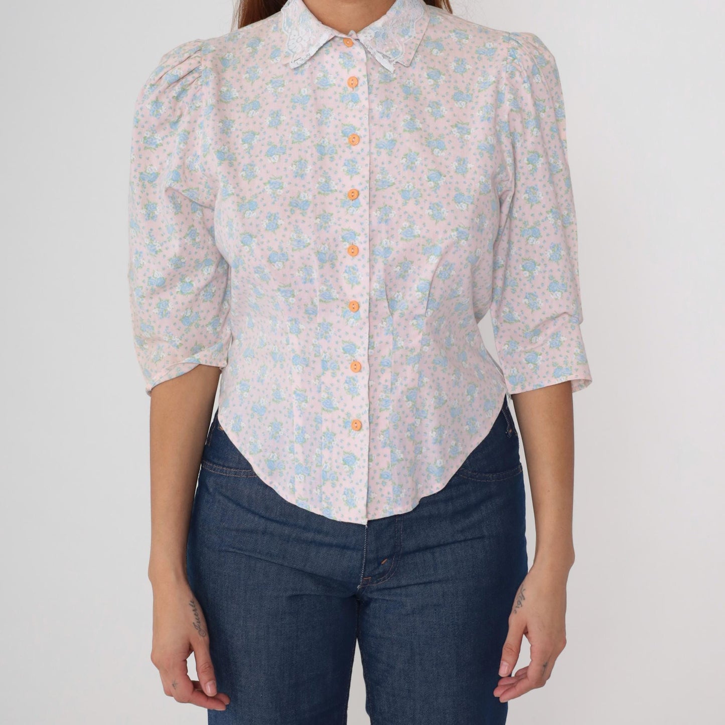 80s Pink Blue Floral Puff Sleeve Blouse Button Front Three Quarter Small
