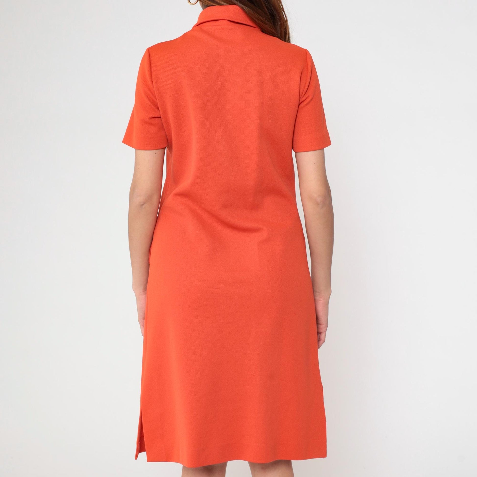 60s David Crystal Orange Polo Dress Pique Knit Button Front Medium