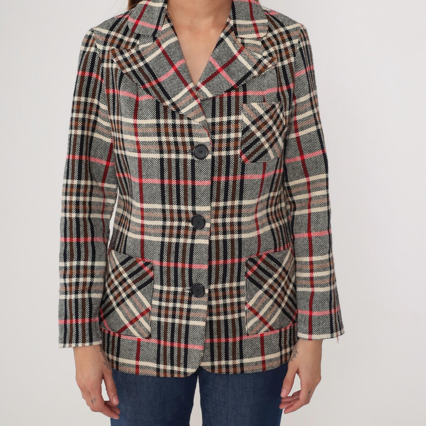 1970s Plaid Blazer Tartan Brown Red Cream Black Button Front Medium M
