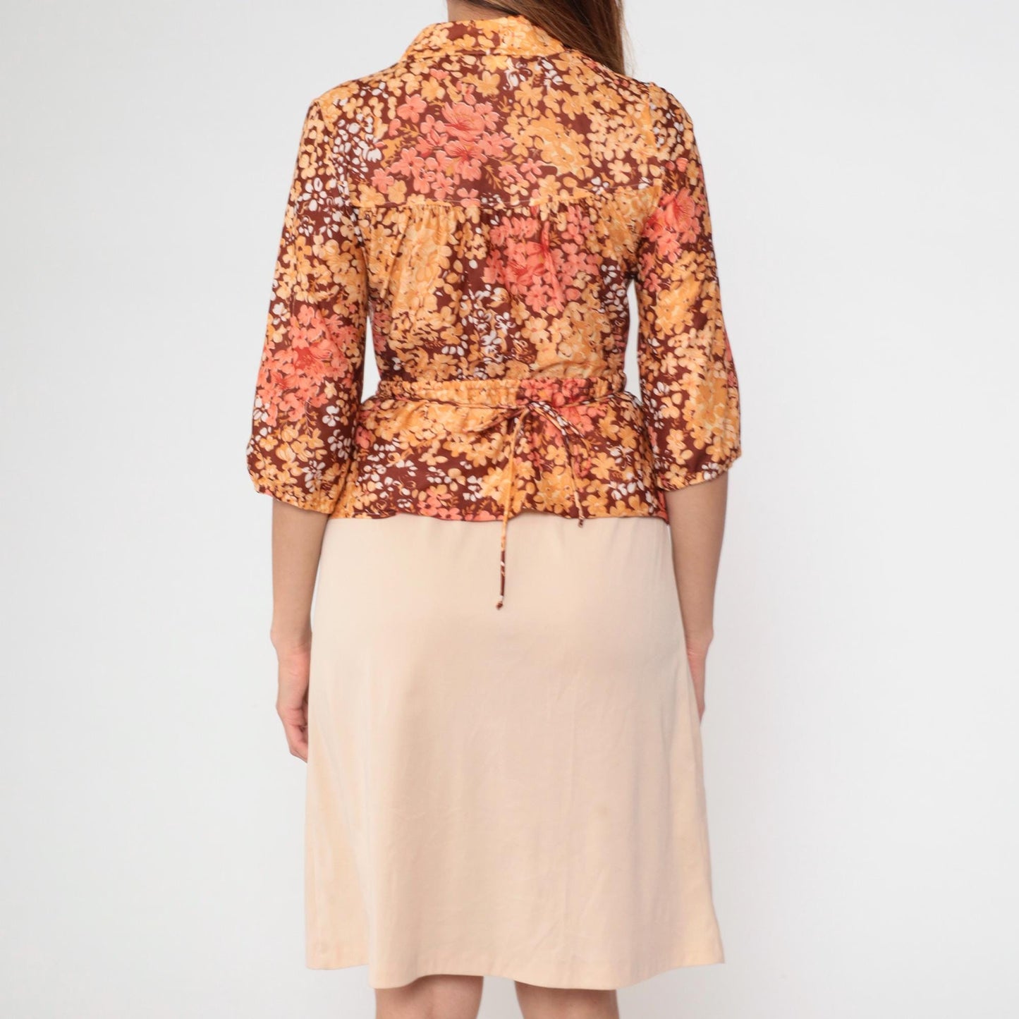 80s Floral Midi Dress Brown Orange Yellow V-Neck Peplum Waist Short Sleeve Medium