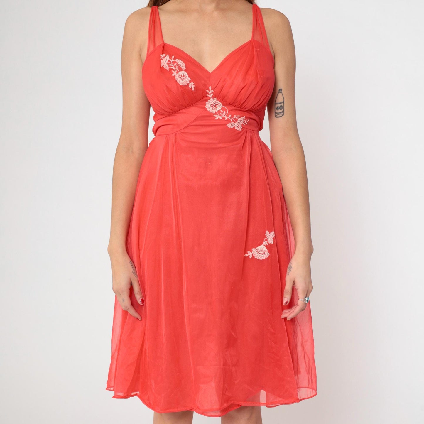 70s Red Nylon Lingerie Slip Dress Floral Embroidered Empire Waist Midi Medium
