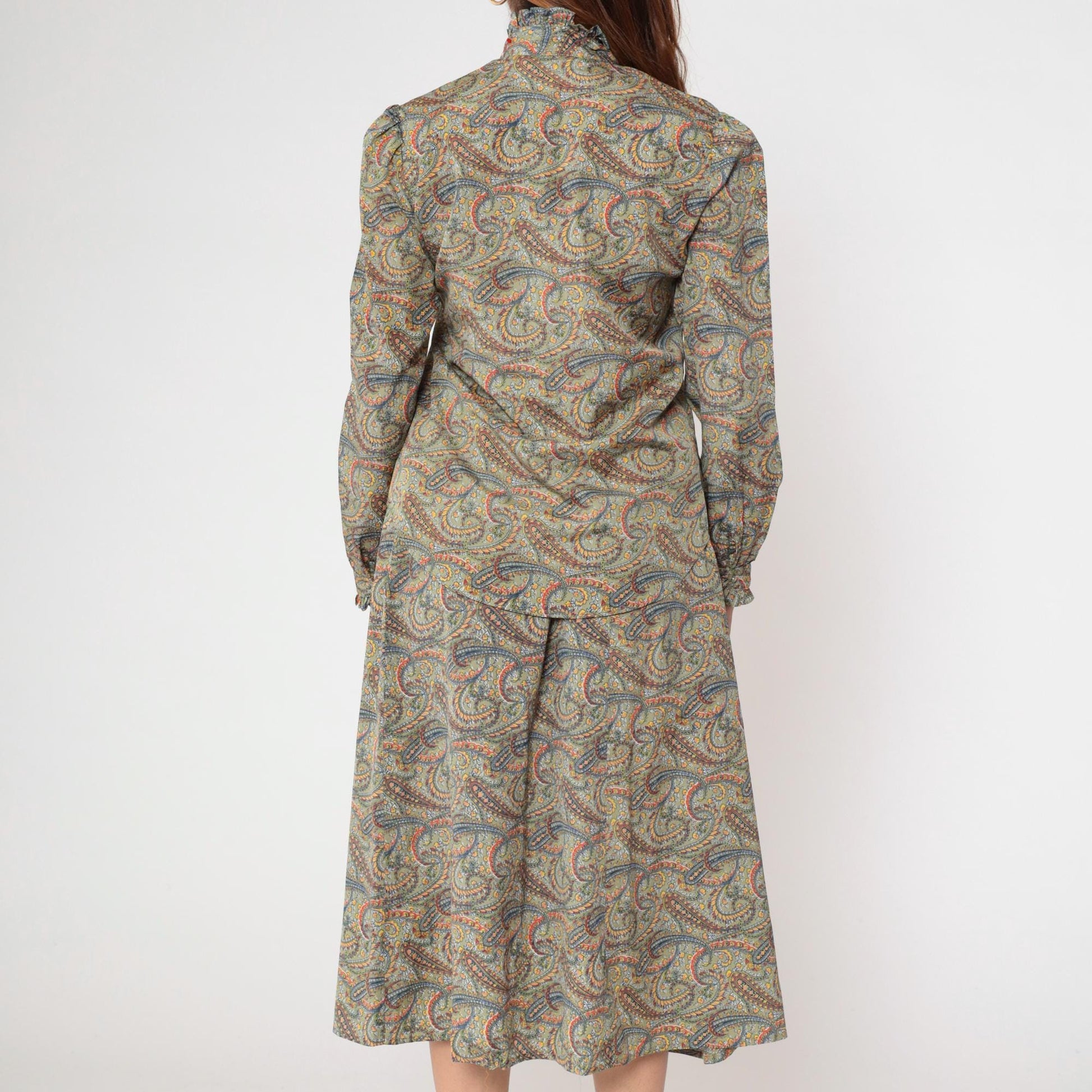 70s The Villager Paisley Two Piece Set Sage Green Blouse Midi Skirt Small