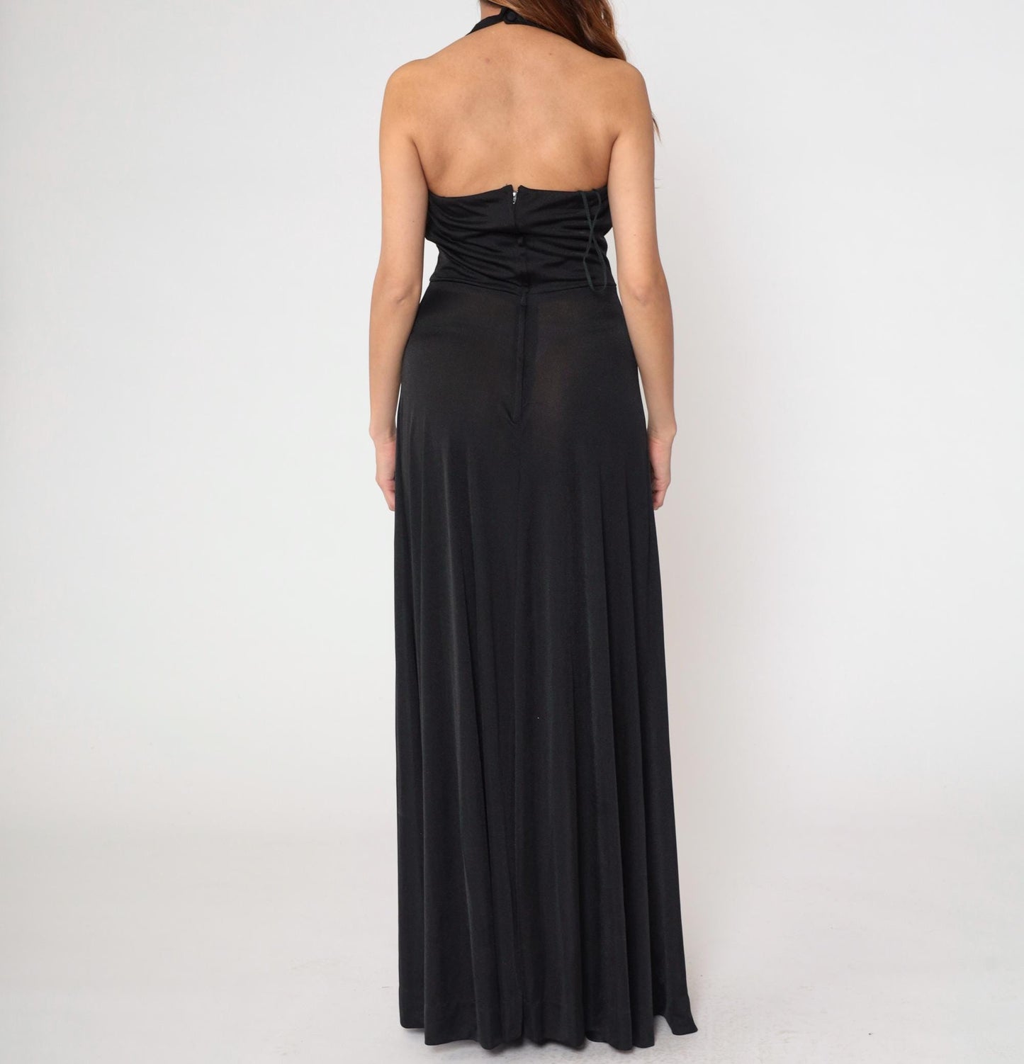 70s Black Halter Maxi Dress Plunging V Neck Open Back Empire Waist Medium