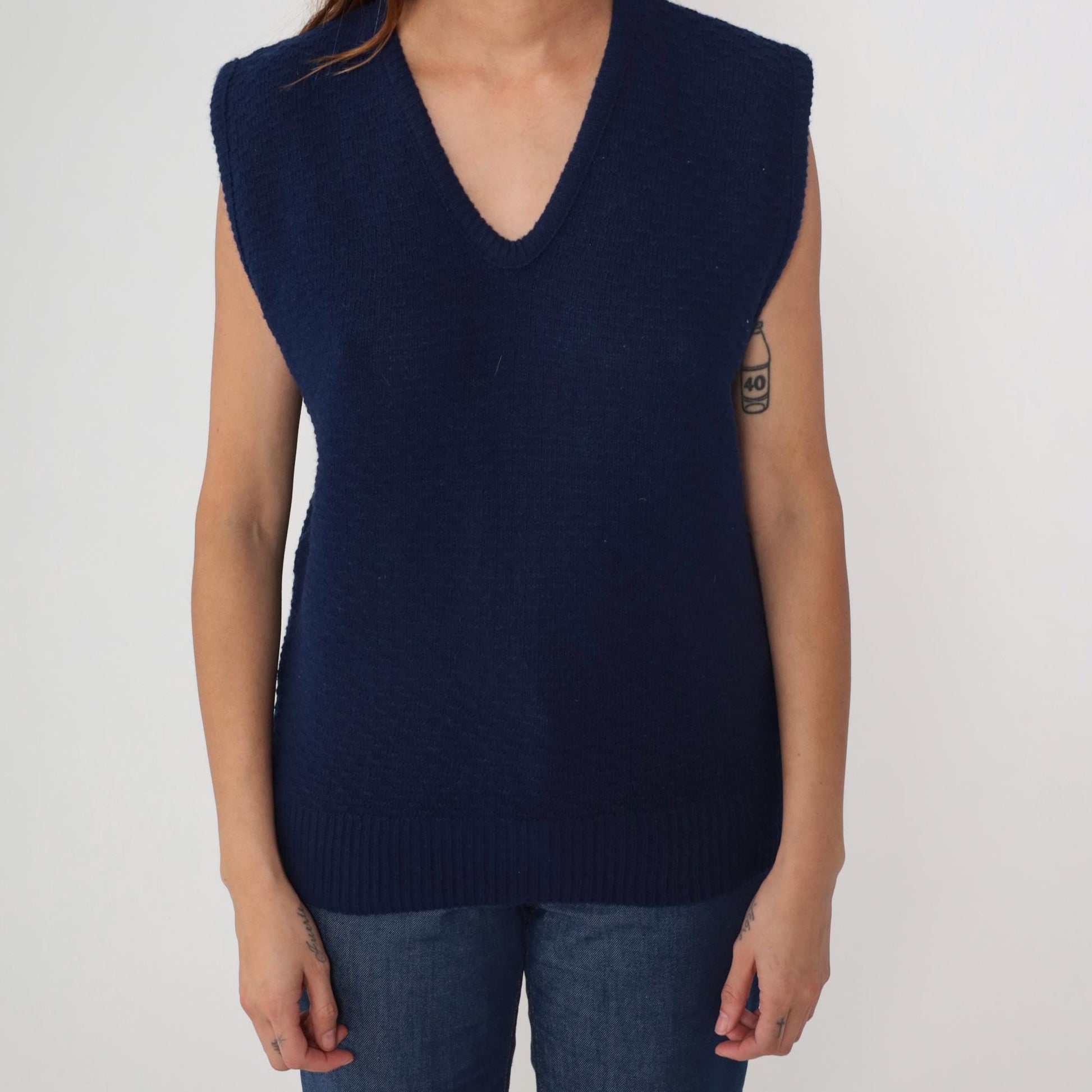 80s Navy Ribbed Knit Sweater Vest Scoop Neck Sleeveless Tank Large L