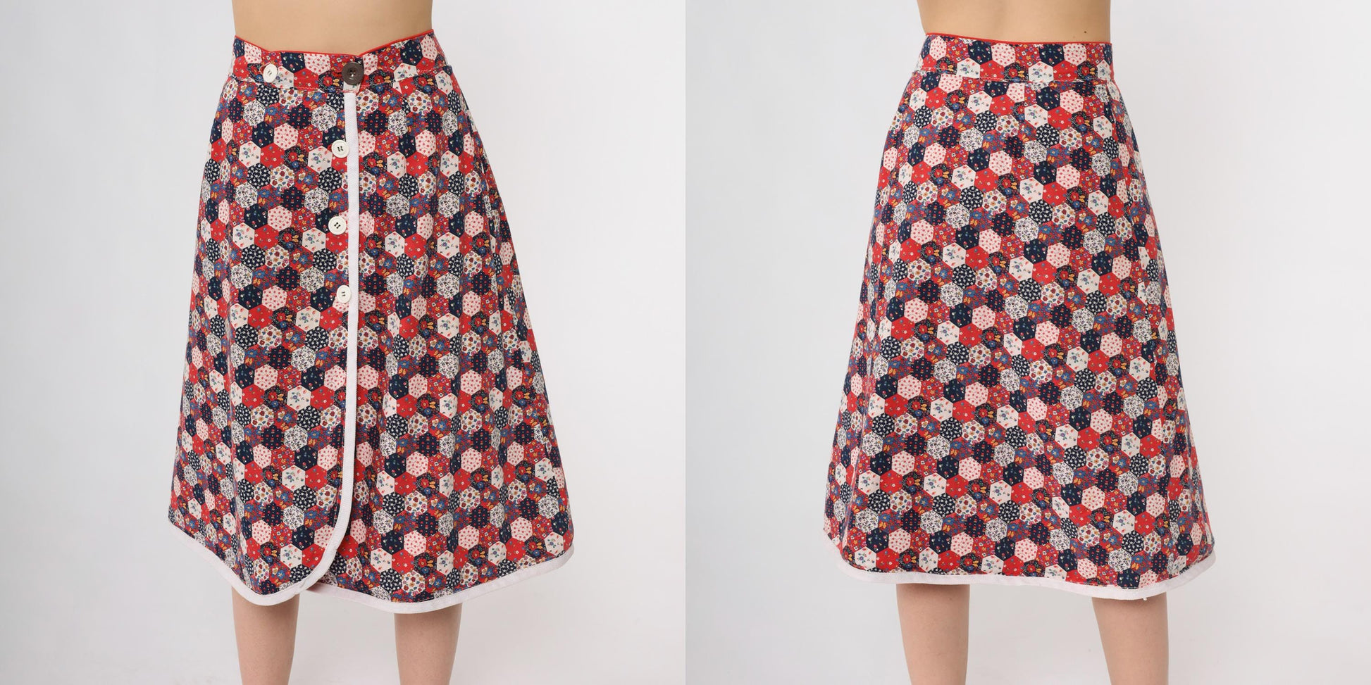 70s Patchwork Skirt Quilted Hexagon Floral Red White Blue A-Line Knee Medium