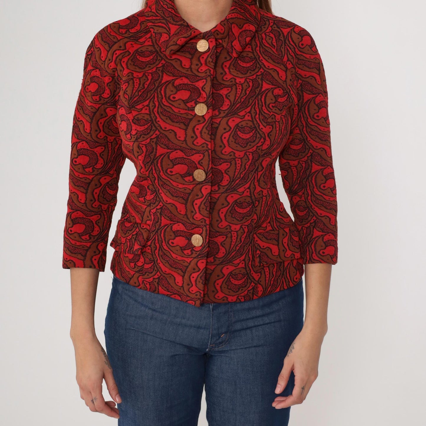 70s Lincoln Center Paisley Print Jacket Red Brown Button Front Medium