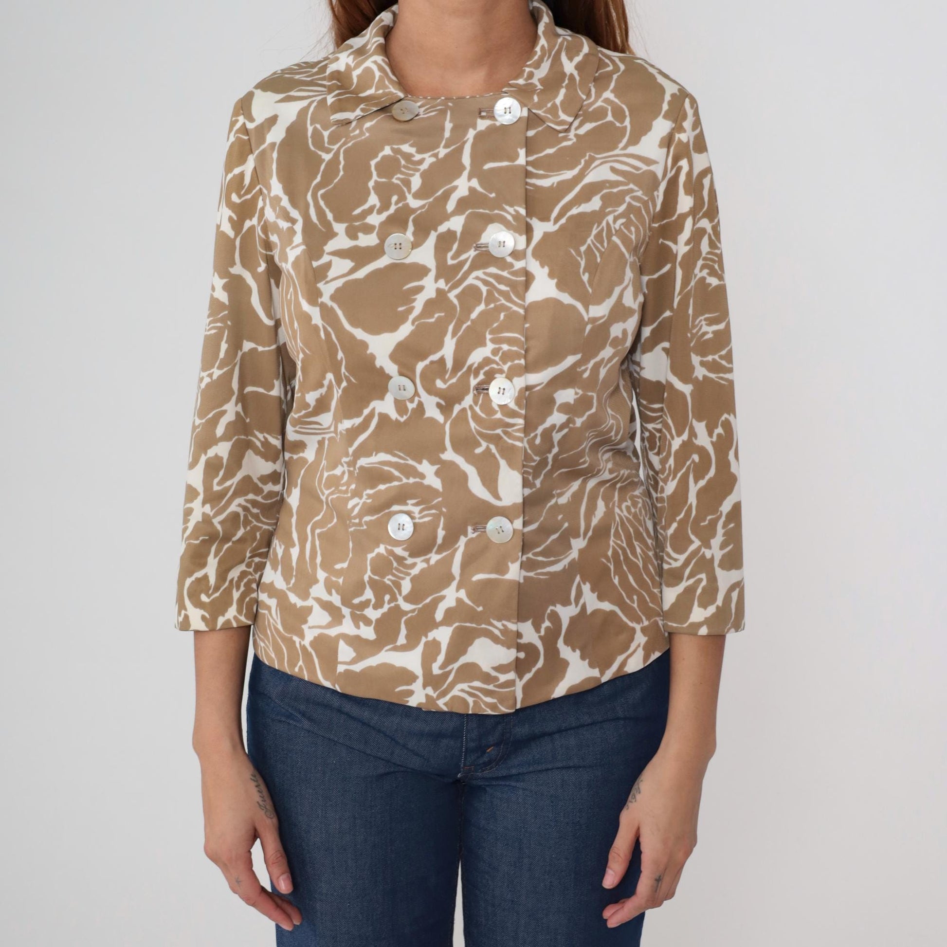 60s Mod Jacket Beige White Abstract Floral Double Breasted Cropped Large L