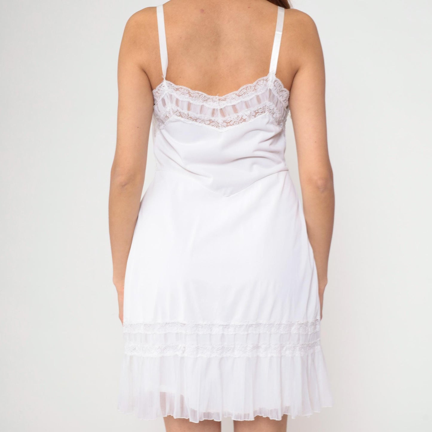 70s White Slip Dress Embroidered Lace V-Neck Empire Waist Spaghetti Strap Mini Medium