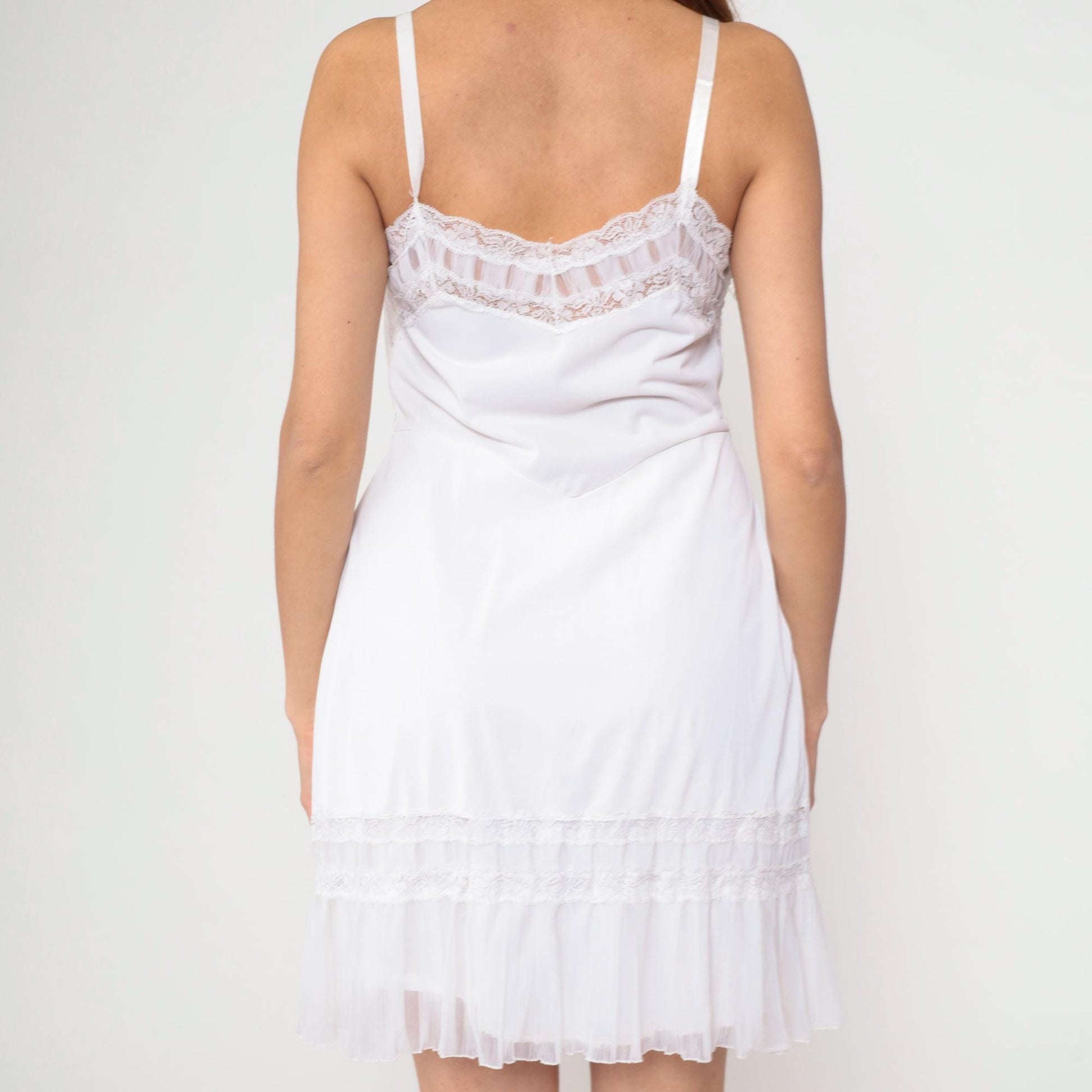 70s White Slip Dress Embroidered Lace V-Neck Empire Waist Spaghetti Strap Mini Medium