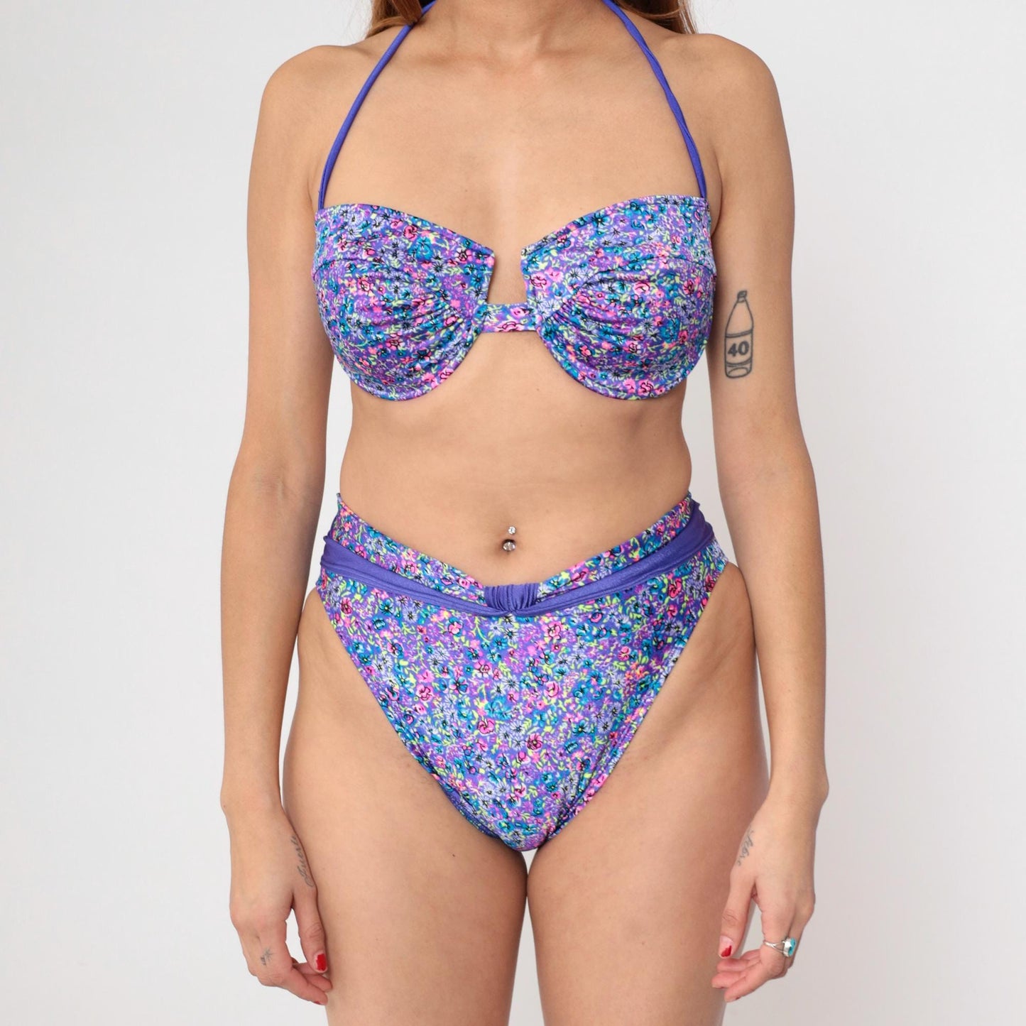 90s Sunsets Floral Bikini Purple Blue Pink Halter Underwire High Waist Medium