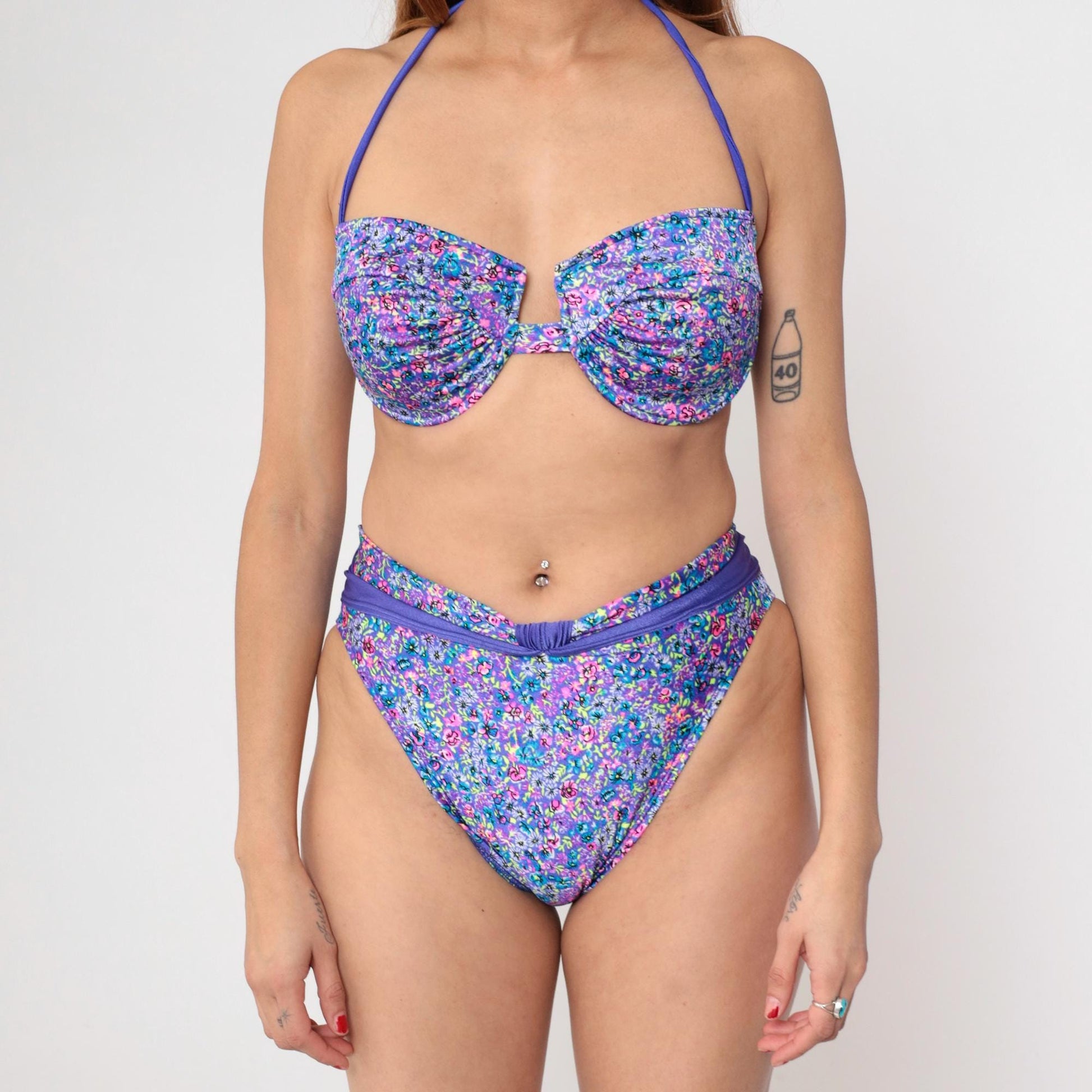 90s Sunsets Floral Bikini Purple Blue Pink Halter Underwire High Waist Medium