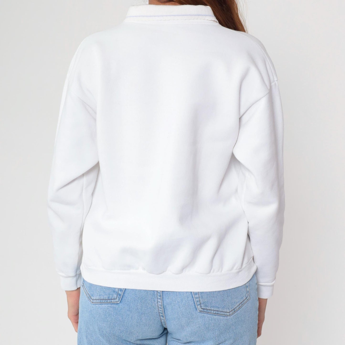 90s White Floral Puff Paint Collared Sweatshirt Medium M