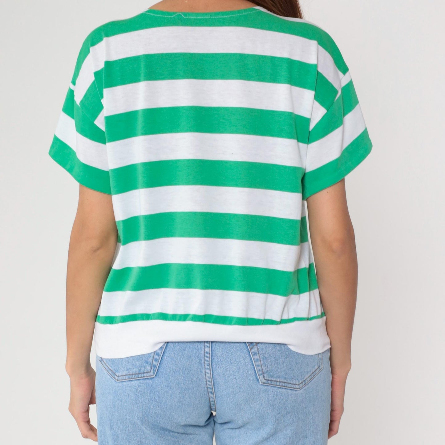 80s Striped T-Shirt White Green Crew Neck Short Sleeve Cotton Medium