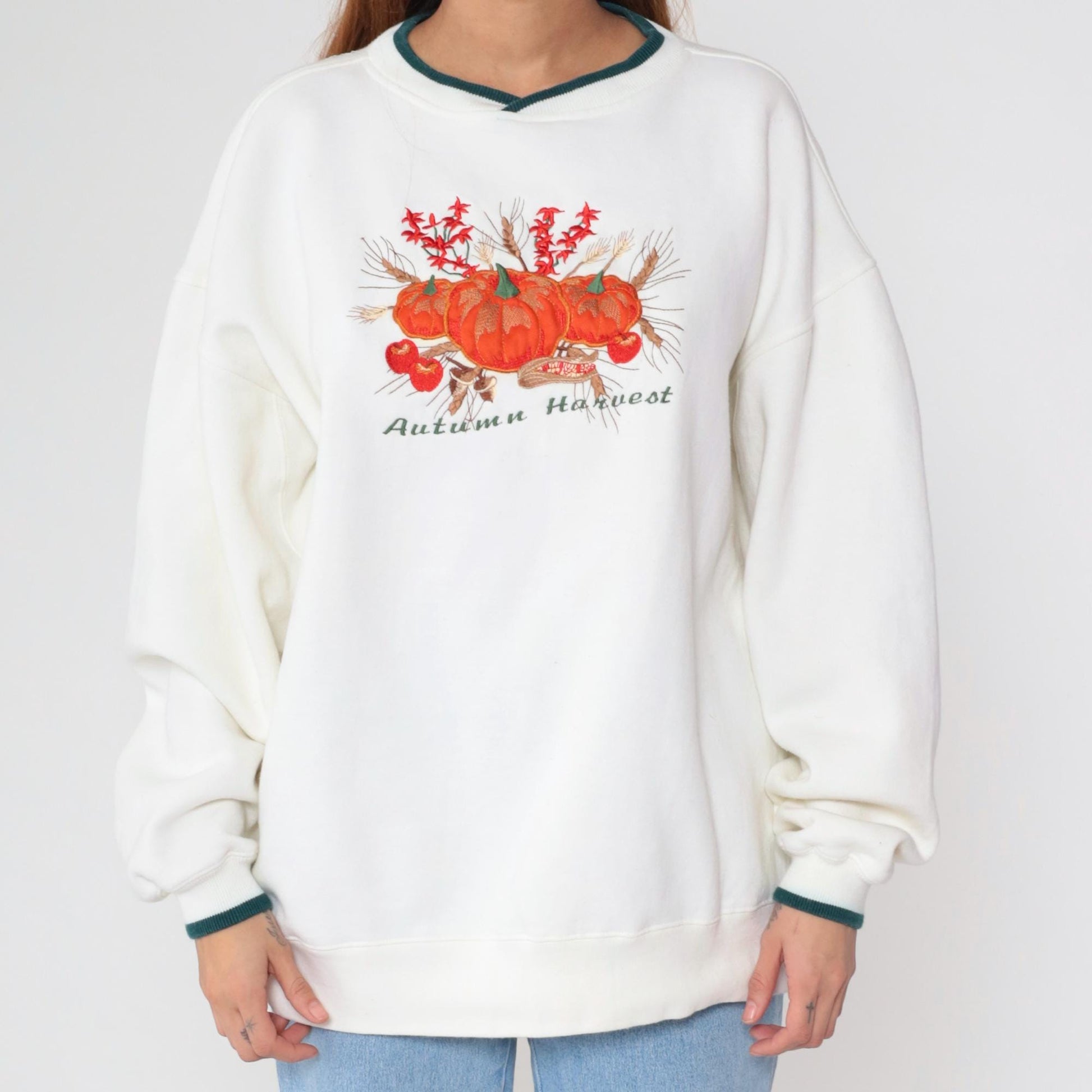 Y2K Autumn Harvest Pumpkin Sweatshirt White Green Trim Crewneck Extra Large XXL