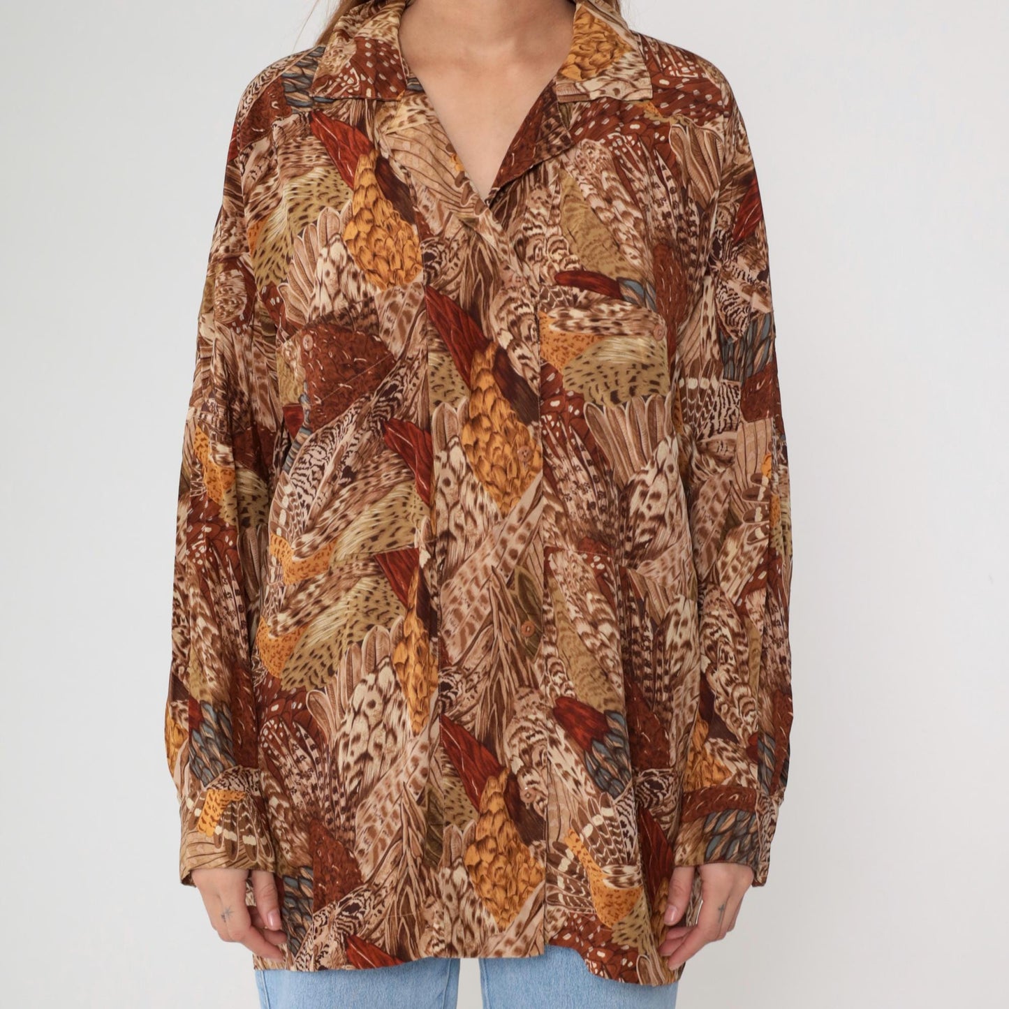 Ellen Tracy Silk Feather Print Blouse Brown Button Front Long Sleeve Large