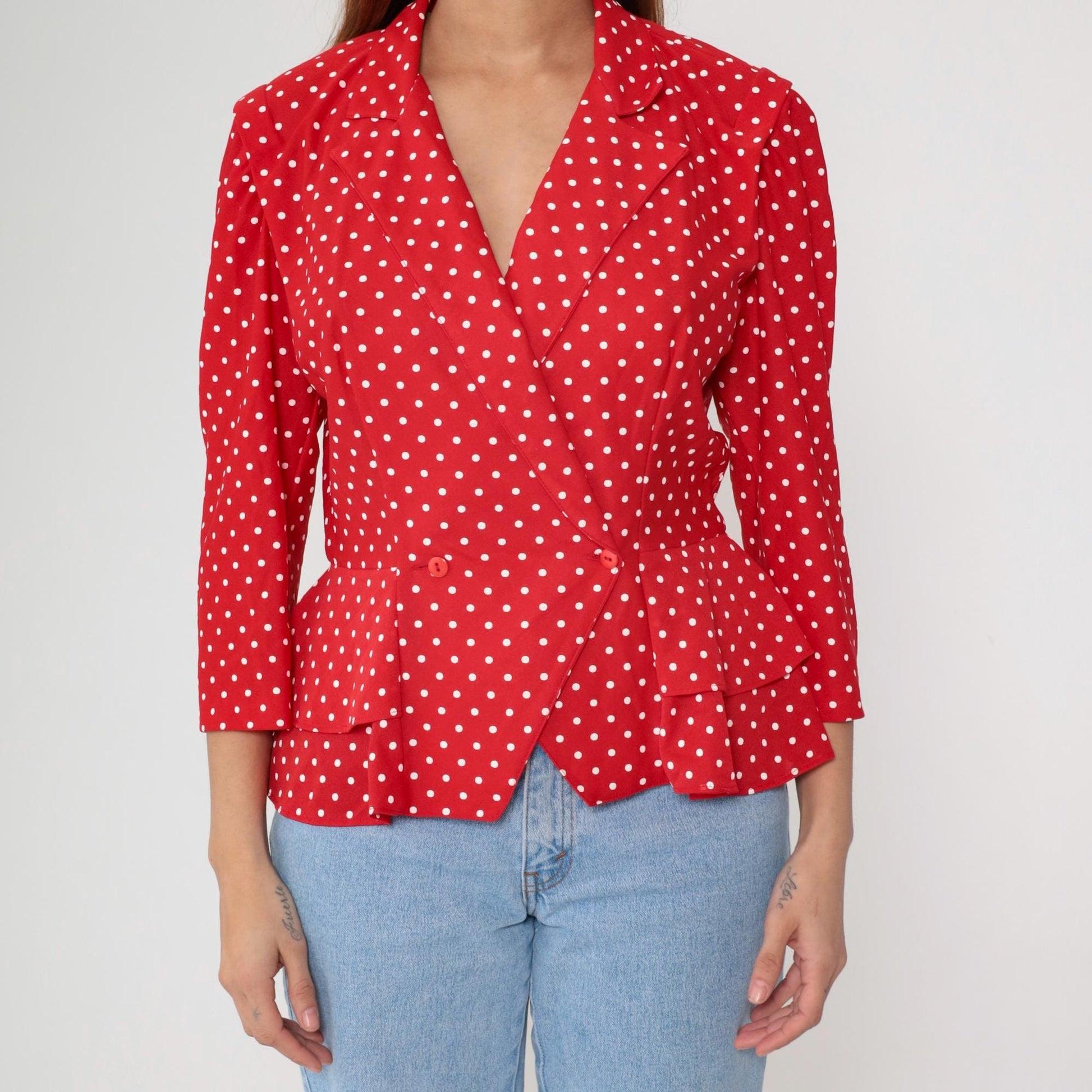 80s Polka Dot Blazer Red Single Button Jacket Medium M