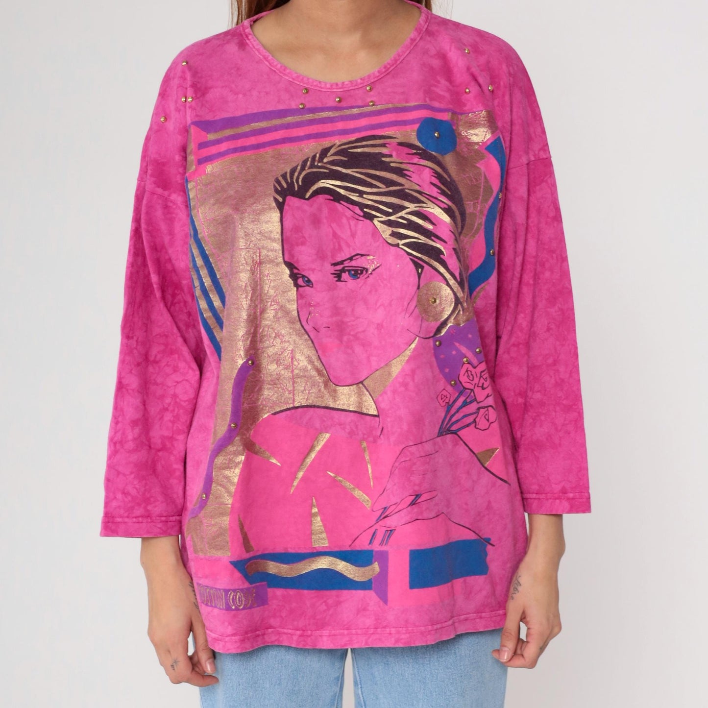 00s Artistic Portrait Graphic Tee Hot Pink Gold Metallic 3/4 Sleeve Medium Large
