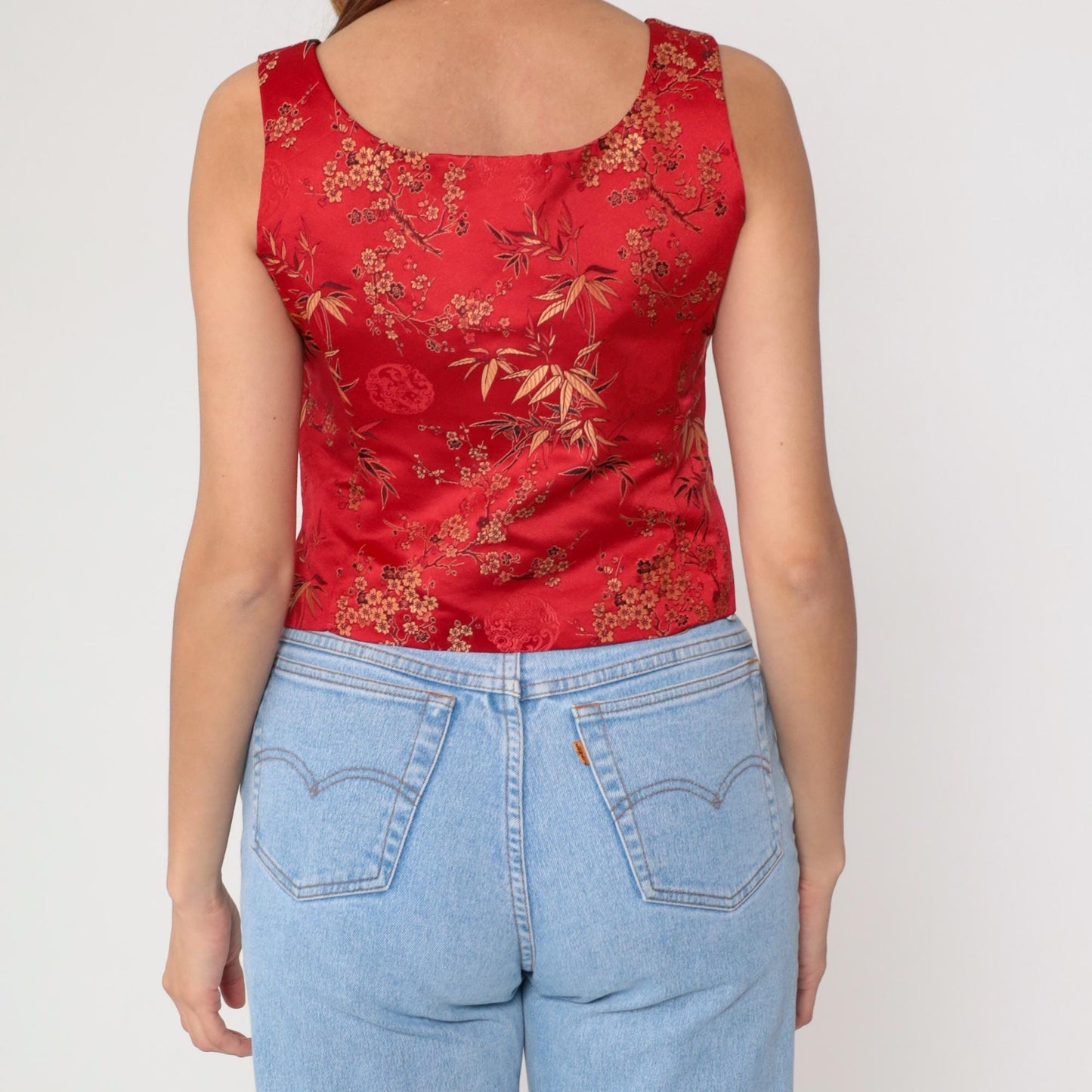 00s Red Satin Crop Top Cherry Blossom Bamboo Print Scoop Neck Small