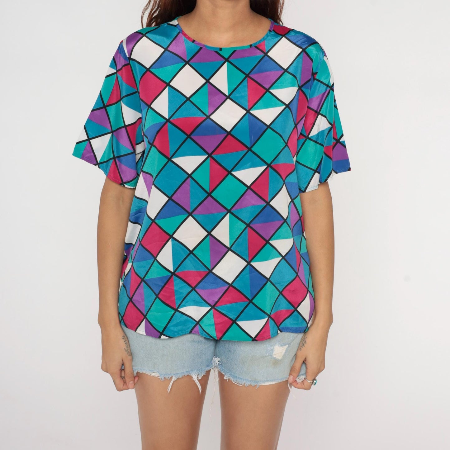 90s Geometric Square Triangle Print Button Up Blouse Colorful Short Sleeve Large L