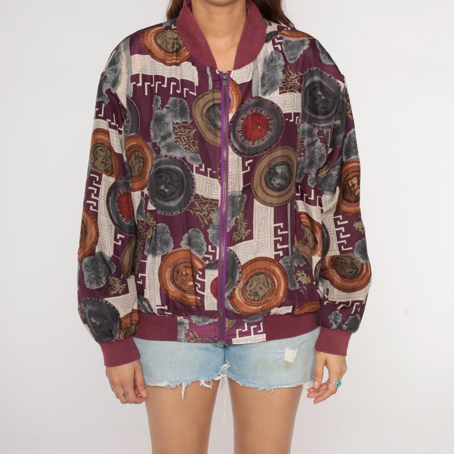 90s Cocoon Silk Windbreaker Jacket Abstract Geometric Print Burgundy Small S