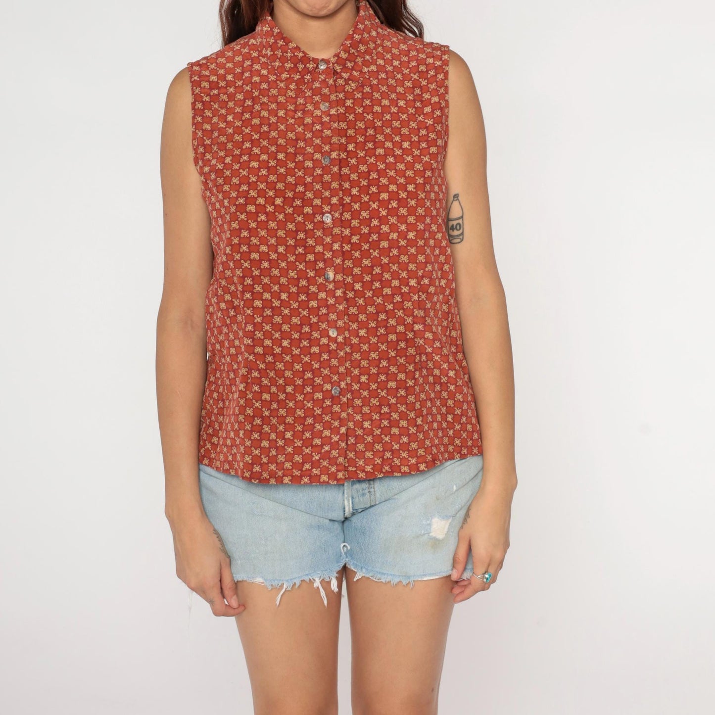 90s Rust Orange Daisy Print Silk Sleeveless Blouse Button-Up Collar Medium