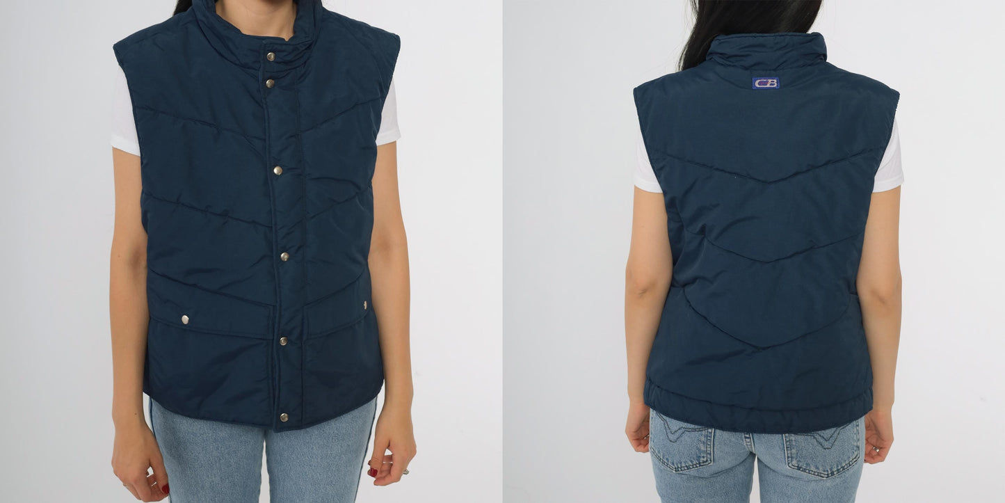 80s CB Navy Puffer Vest Quilted Nylon Snap Front Insulated Large
