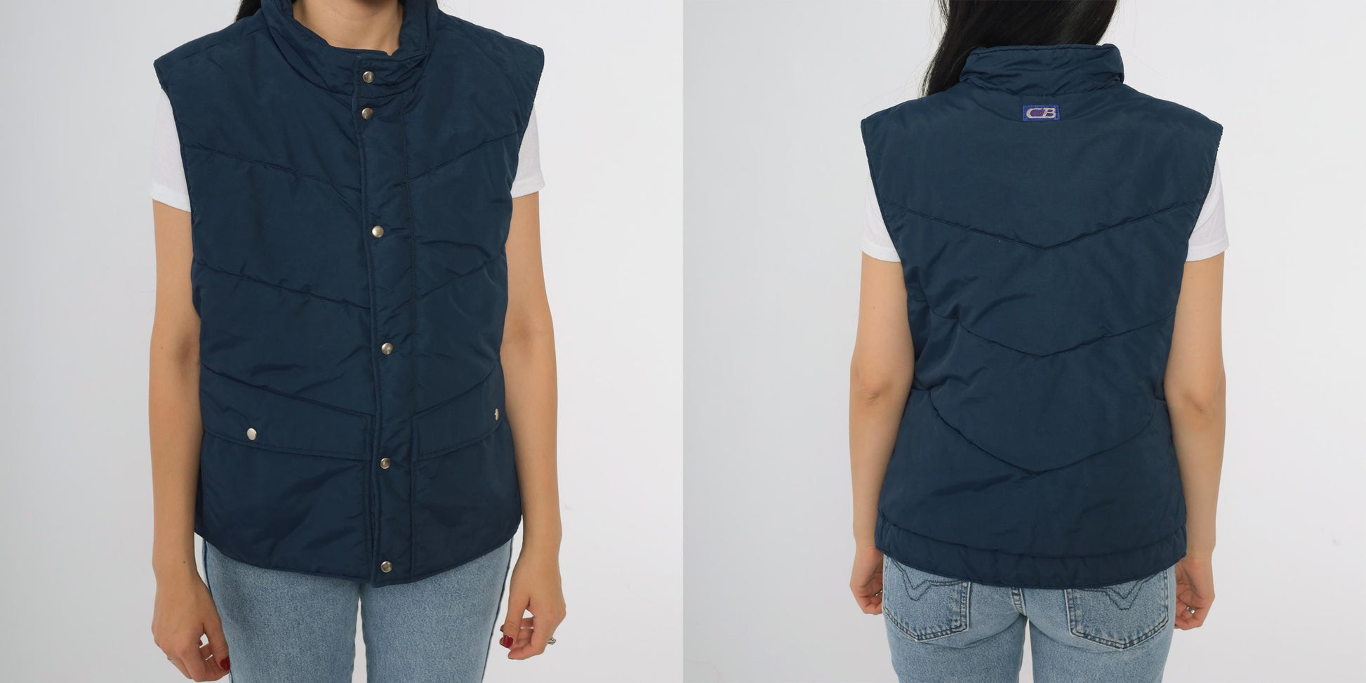 80s CB Navy Puffer Vest Quilted Nylon Snap Front Insulated Large