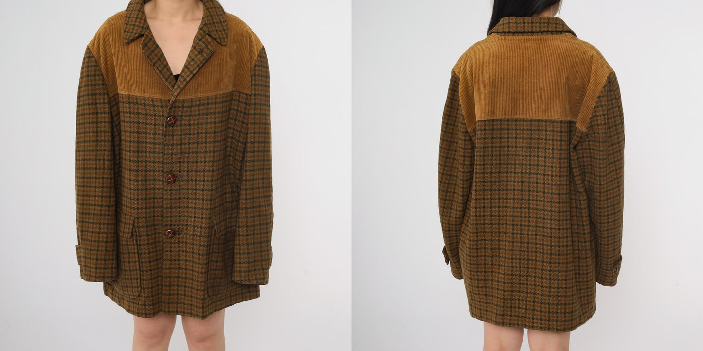 70s Brown Plaid Wool Blazer Corduroy Yoke Jacket Button Front XL