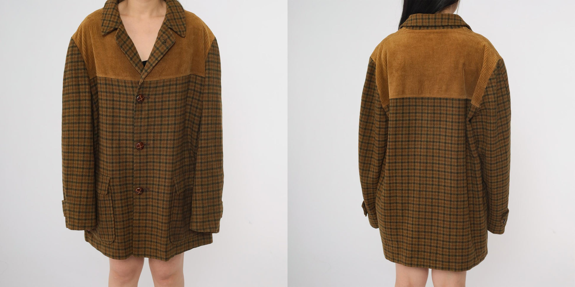 70s Brown Plaid Wool Blazer Corduroy Yoke Jacket Button Front XL