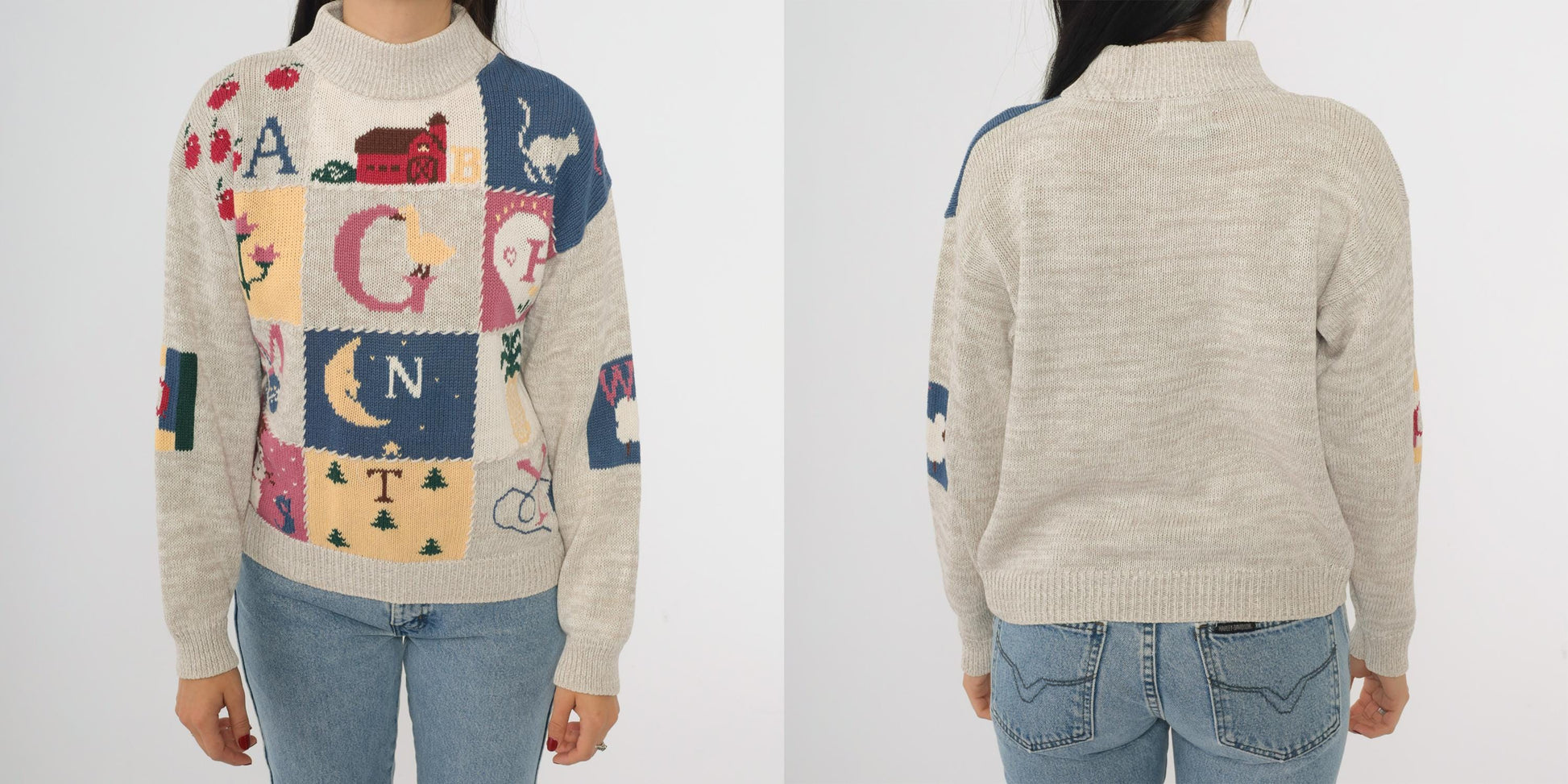 90s Woolrich Alphabet Farm Animal Patchwork Turtleneck Sweater Beige Small S