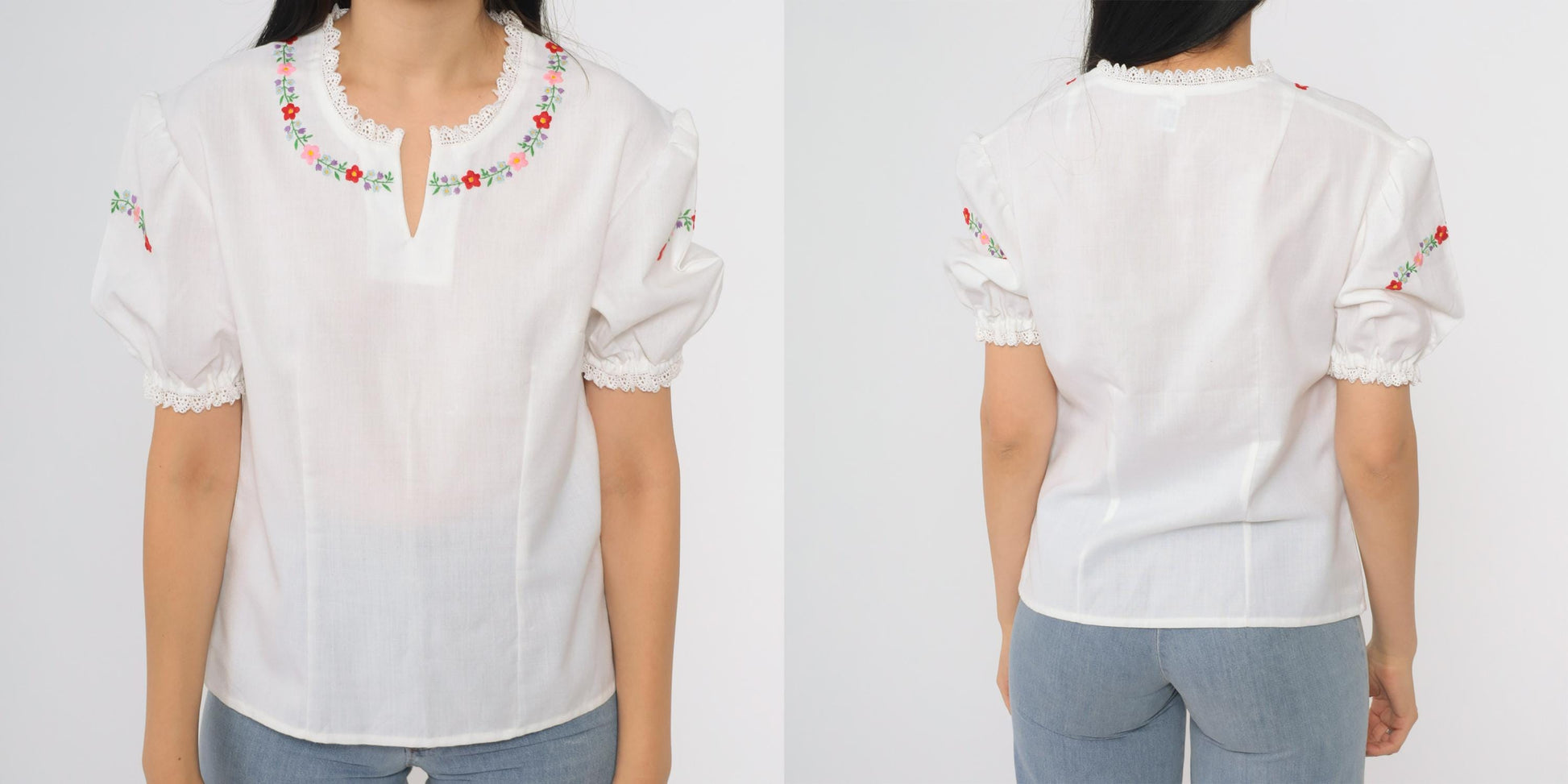 70s Hungarian Peasant Blouse White Cotton Puff Sleeve Floral Embroidery Medium
