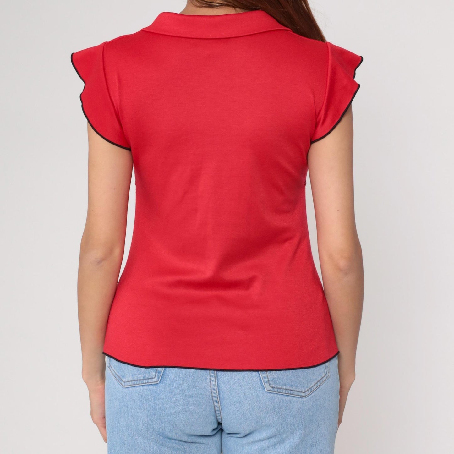 Y2K Red Lace-Up Corset Top Black Trim Ruffle Cap Sleeve Medium M